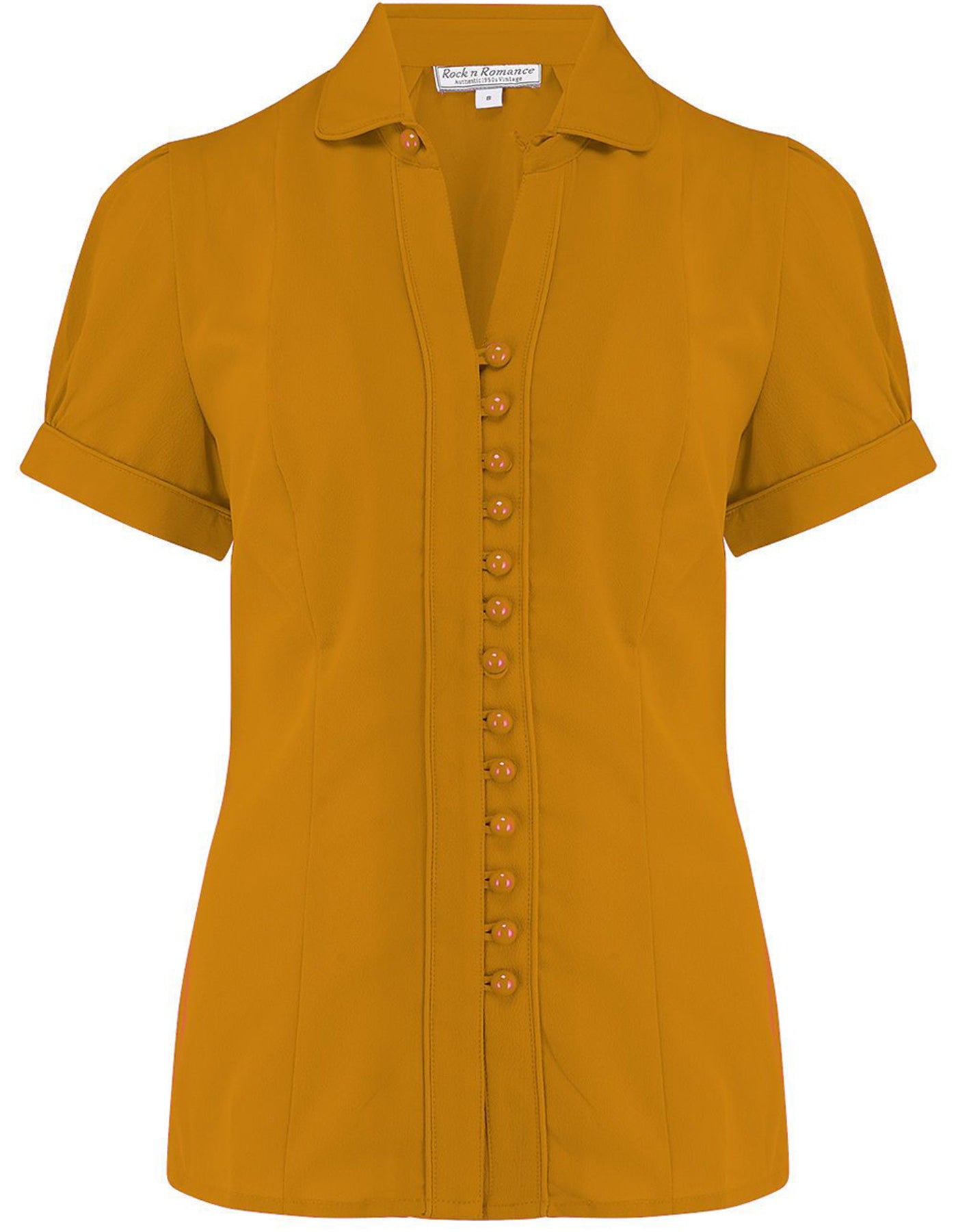 RocknRomance_MARGOT_Vintage_PLAIN_Kurzarm_50s_Hemd_BLUSE_Blouse_Senfgelb_killer_kirsche