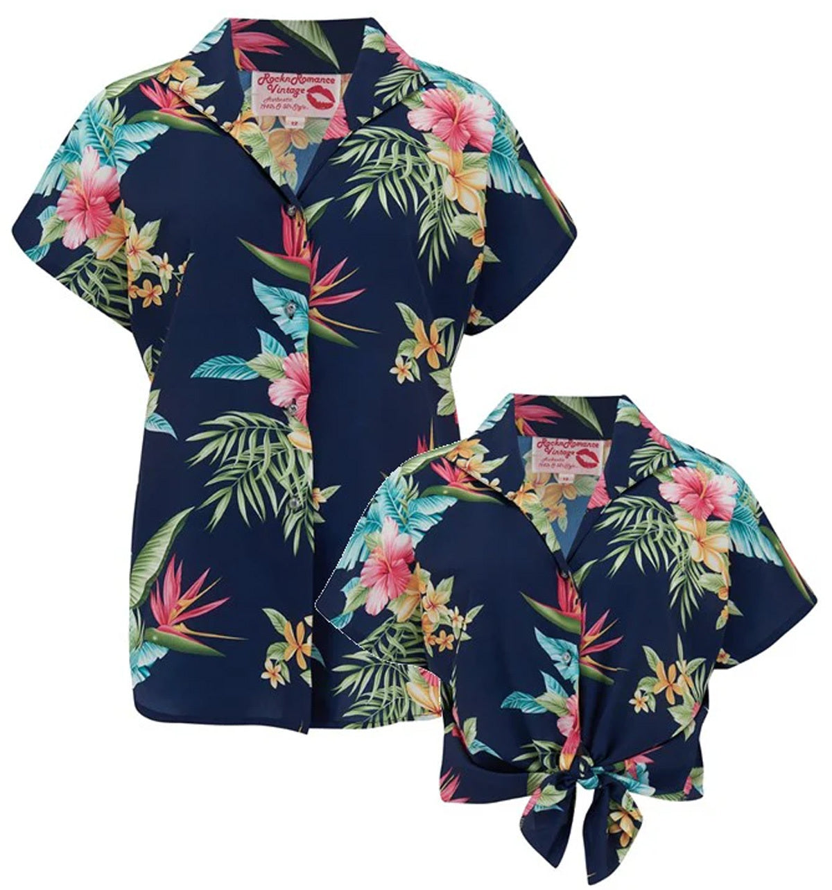 RocknRomance_MARIA_HONOLULU_Tropical_Iconic_1950s_TIE_UP_or_TUCK_IN_Bluse_-_Dunkelblau-1