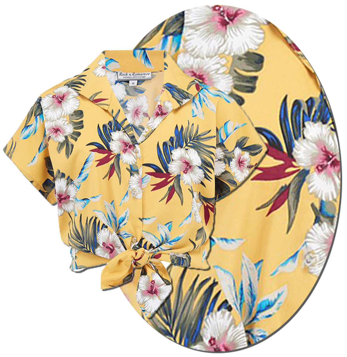 RocknRomance_MARIA_Hawaii_HIBISKUS_Kurzarm_TIE_UP_Oberteil_BLUSE_Gelb_killer_kirsche