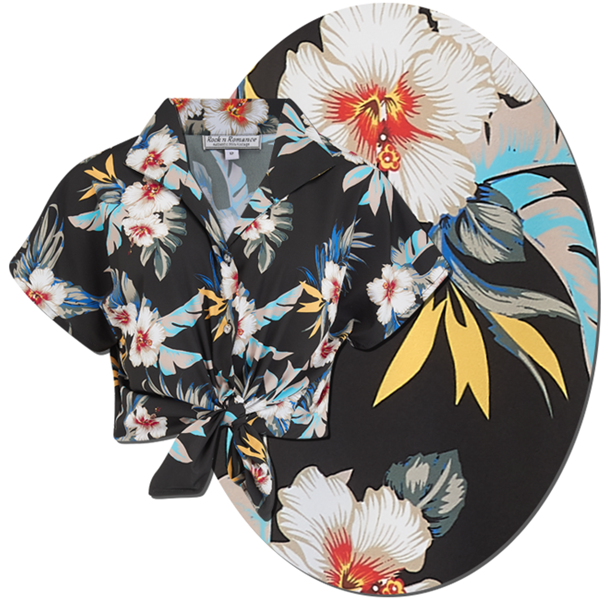 RocknRomance_MARIA_Hawaii_HIBISKUS_Kurzarm_TIE_UP_Oberteil_BLUSE_Schwarz_killer_kirschelmRs1bkTiDOpA