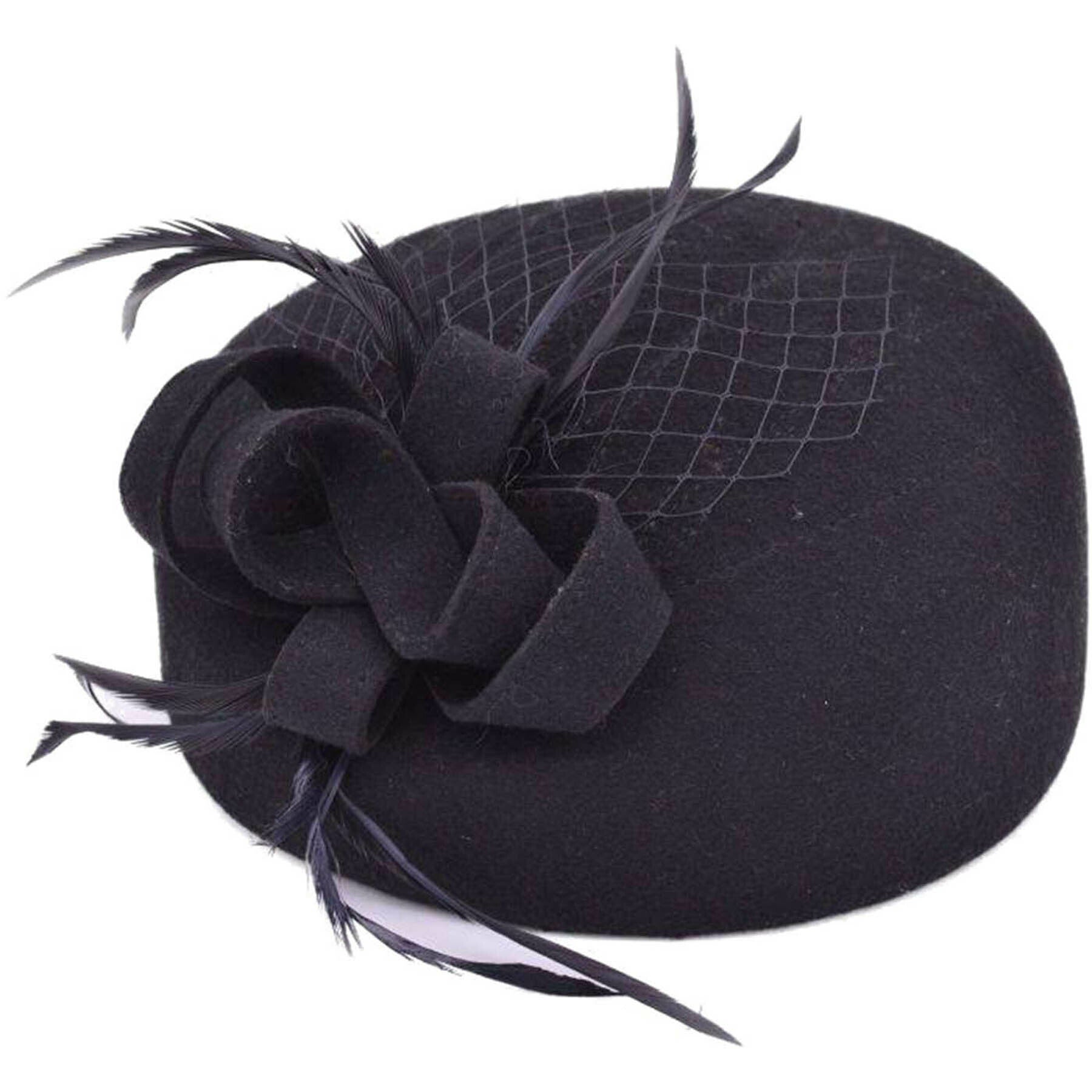 SCHLEIFEN_Vintage_Wool_CLOCHE_HAT_Filz_FELT_Retro_Huetchen_mit_Netz_-_Schwarz_killer_kirsche