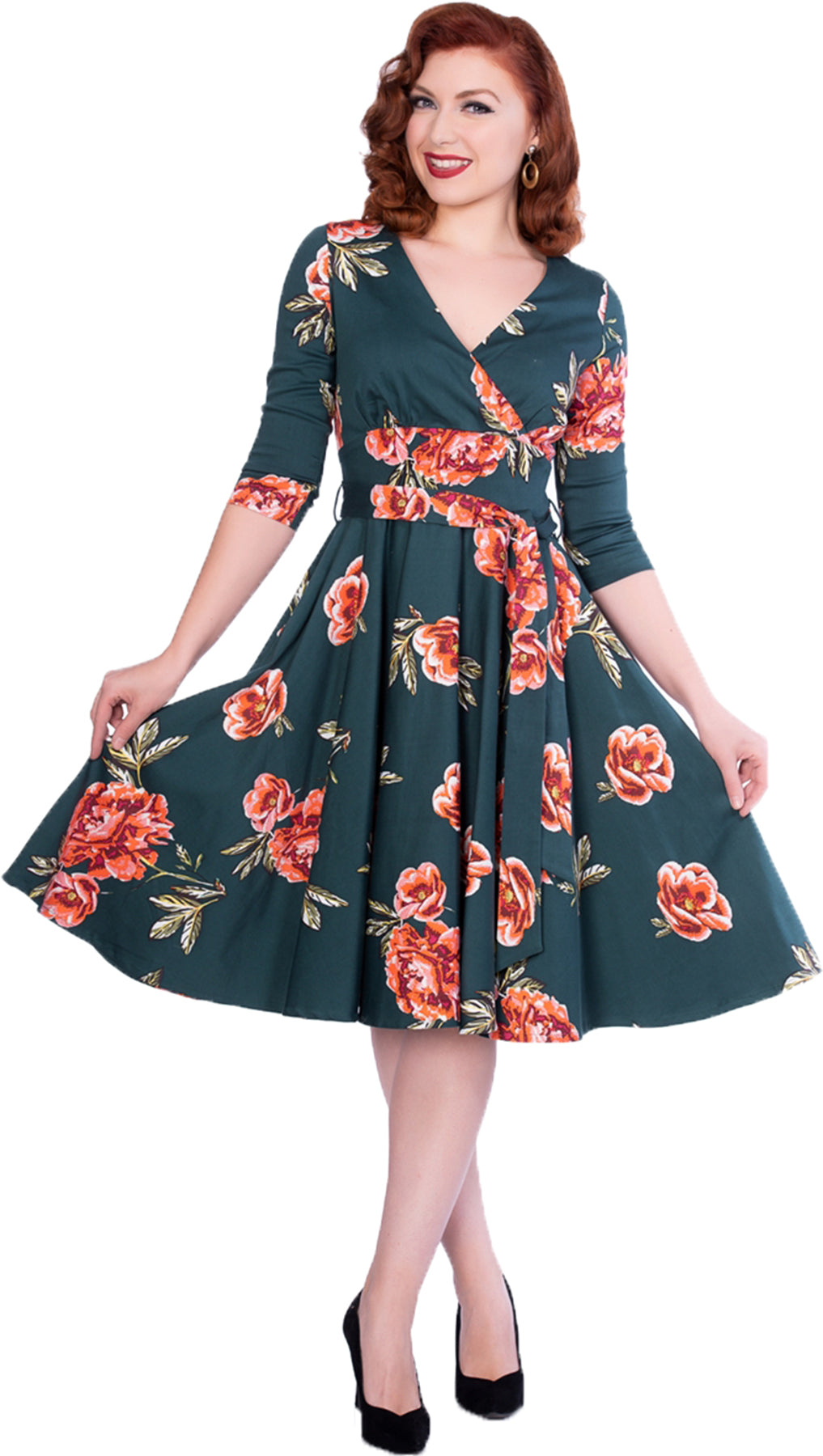 Sheen_MADISON_Vintage_FLORAL_Blumen_V-NECK_Dreiviertelarm_SWING_DRESS_Kleid_Killer_Kirsche-1