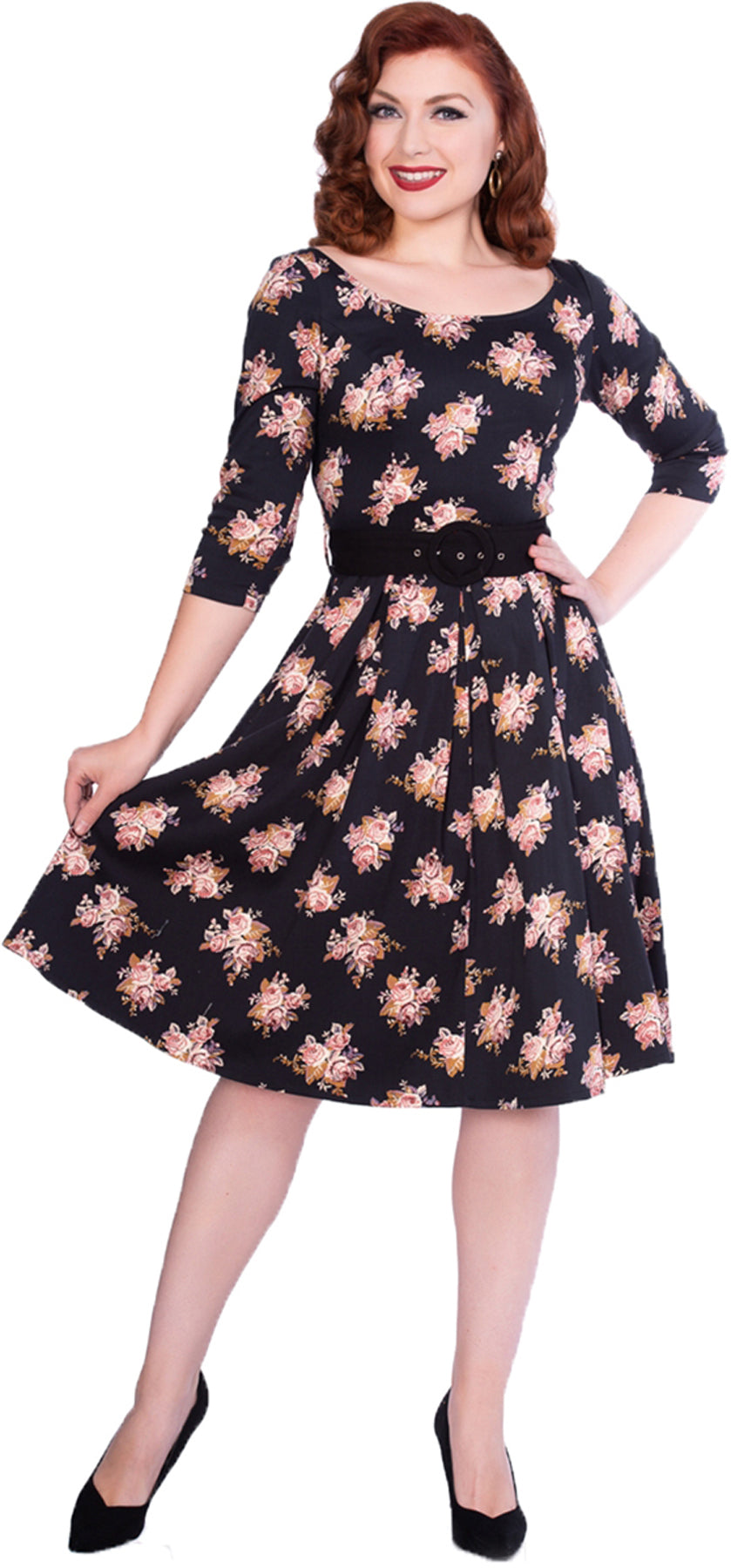 Sheen_PRISCILLA_Vintage_ROSEN_Floral_PLEATED_dreiviertel_Arm_50s_SWING_DRESS_Kleid_killer_kirsche