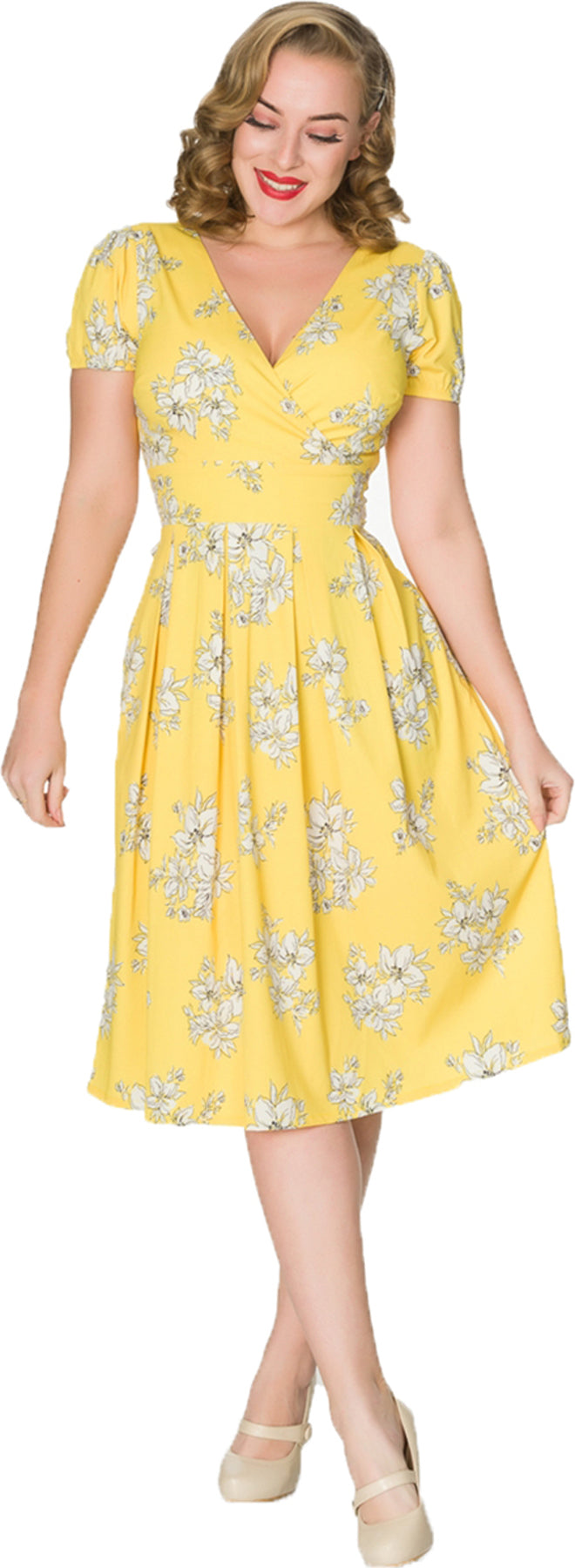 Sheen_ROSA_Vintage_FLORAL_Flower_BLUMEN_V-Neck_SWING_Dress_Kleid_Gelb_killer_kirsche