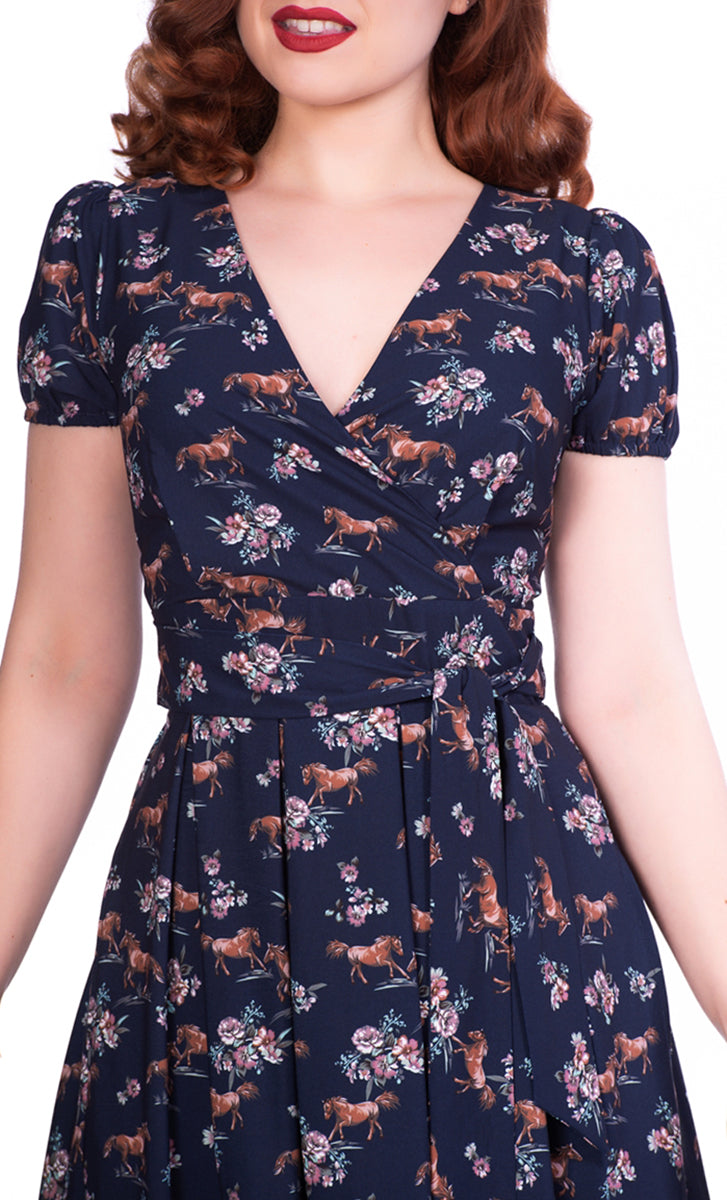 Sheen_WILD_HORSES_Vintage_PFERDE_Blumen_Kurzarm_SWING_Dress_Kleid-2