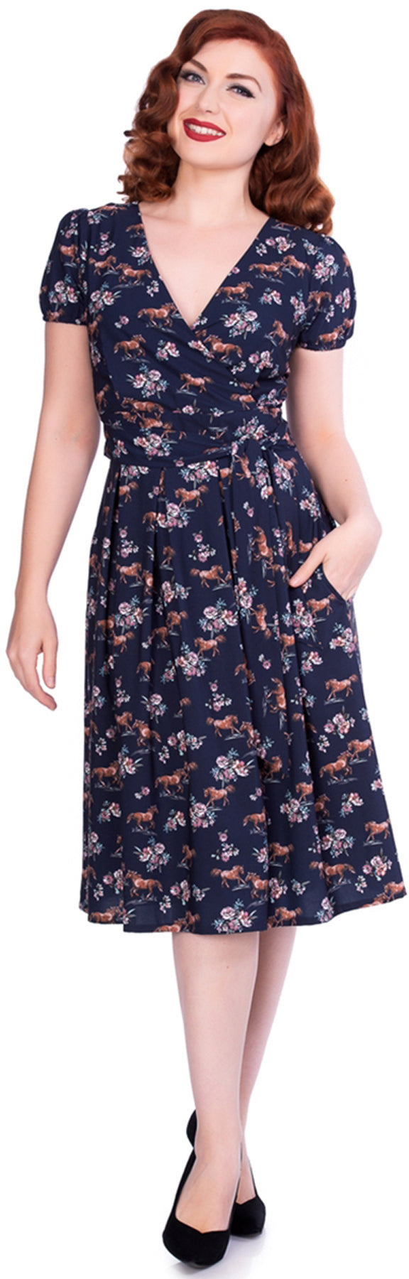 Sheen_WILD_HORSES_Vintage_PFERDE_Blumen_Kurzarm_SWING_Dress_Kleid_killer_kirsche