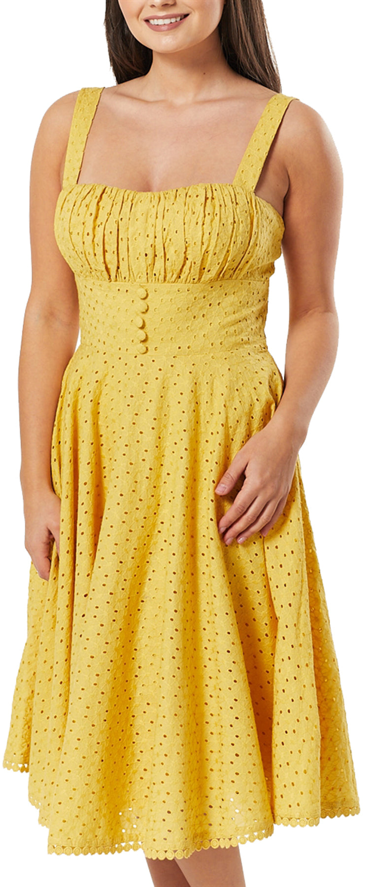 Timeless_London_VALERIE_Floral_BRODERIE_ANGLAIS_Traeger_50s_SWING_DRESS_Kleid_Gelb_killer_kirsche_2