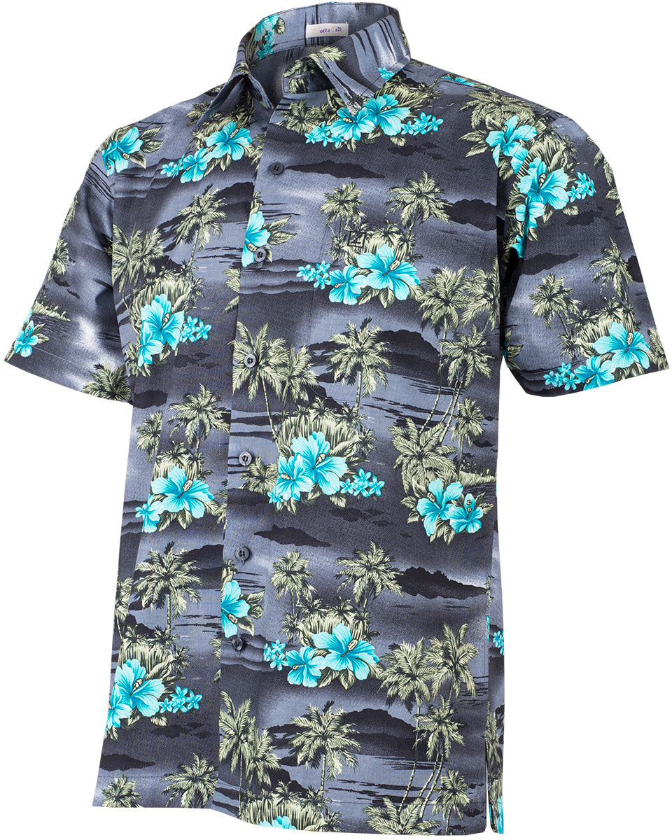 Tropical_HOKU_Hibiskus_BLUMEN_Palm_Tree_PALMEN_Shirt_HAWAIIHEMD_Grau-3