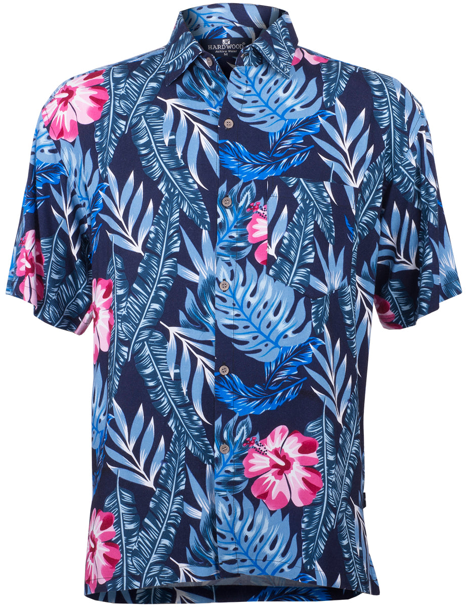 Tropical_KEONI_Floral_HIBISKUS_Palmenblaetter_Kurzarm_Shirt_HAWAIIHEMD_Blau-1