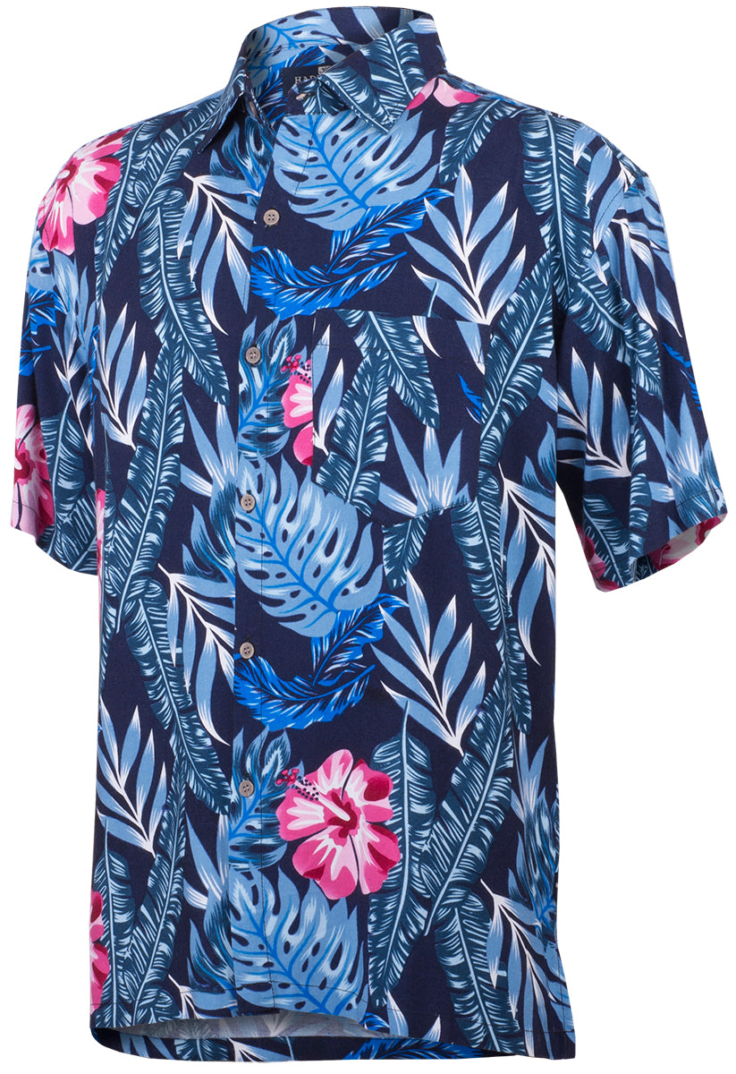 Tropical_KEONI_Floral_HIBISKUS_Palmenblaetter_Kurzarm_Shirt_HAWAIIHEMD_Blau-2