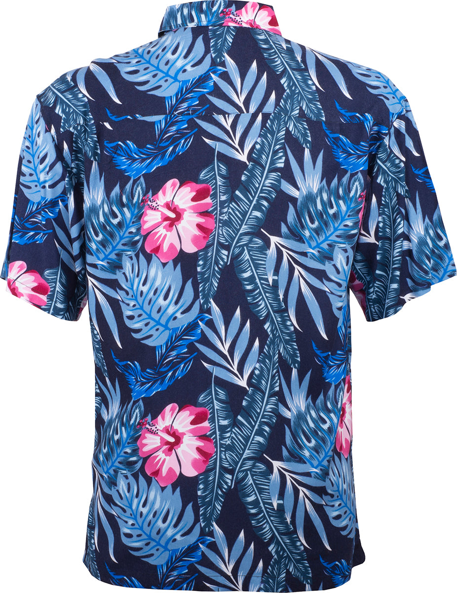 Tropical_KEONI_Floral_HIBISKUS_Palmenblaetter_Kurzarm_Shirt_HAWAIIHEMD_Blau-3