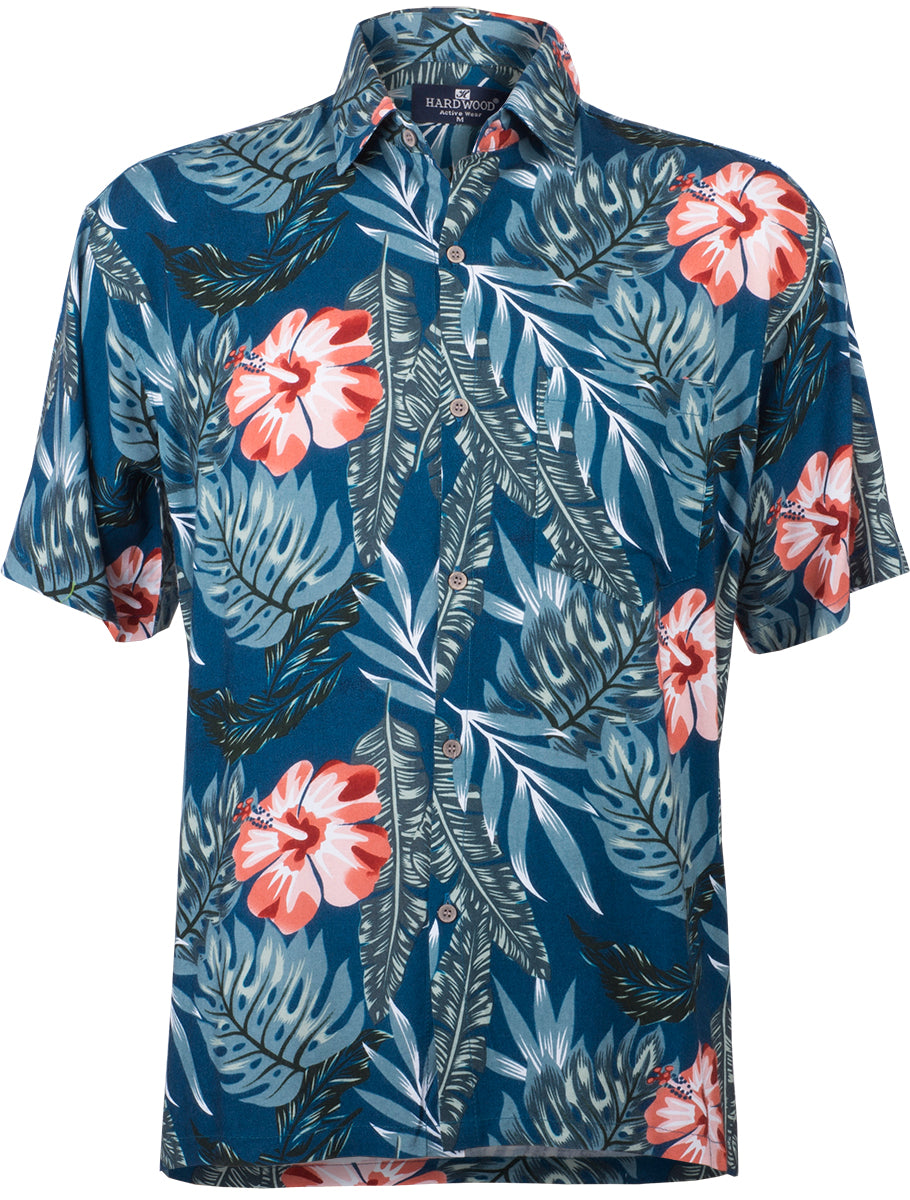 Tropical_KEONI_Floral_HIBISKUS_Palmenblaetter_Kurzarm_Shirt_HAWAIIHEMD_Petrol-1