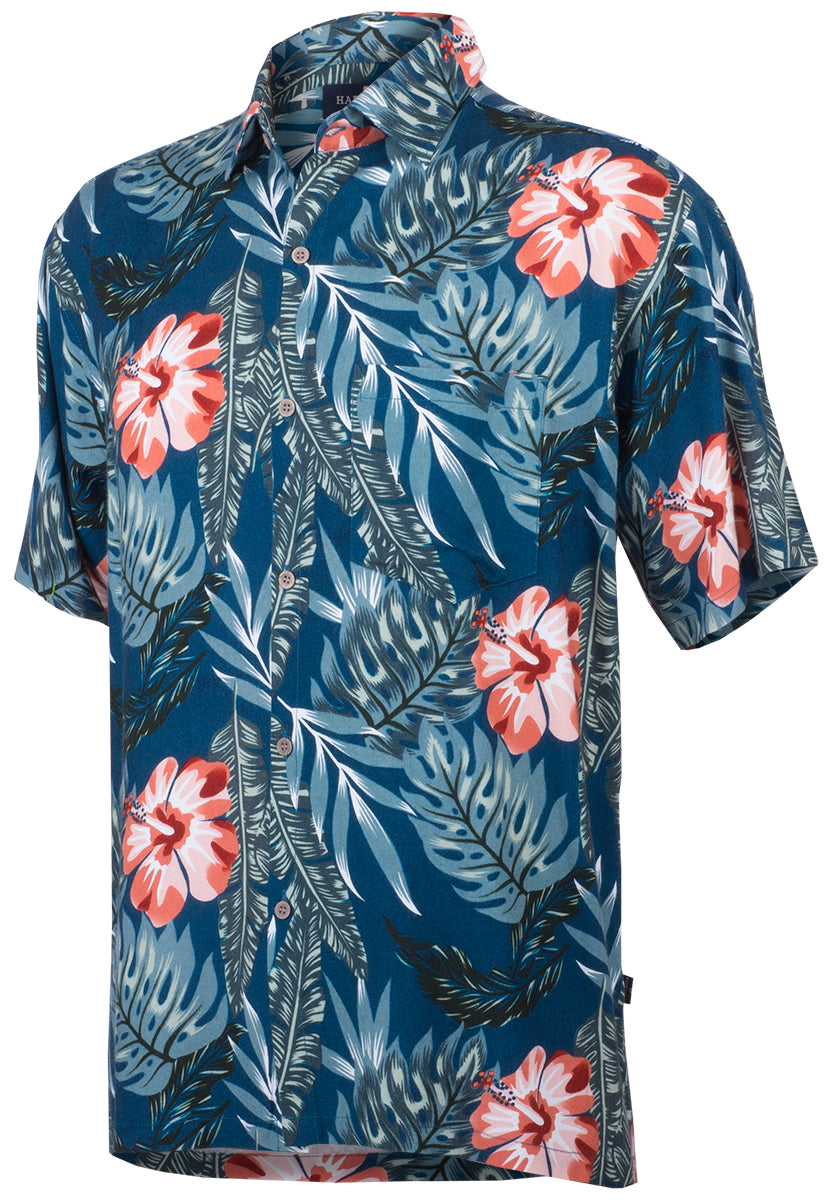 Tropical_KEONI_Floral_HIBISKUS_Palmenblaetter_Kurzarm_Shirt_HAWAIIHEMD_Petrol-2