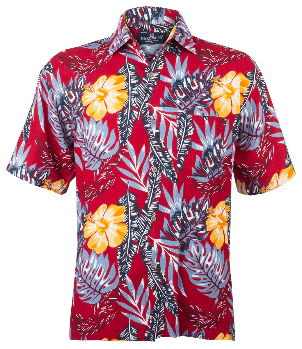 Tropical_KEONI_Floral_HIBISKUS_Palmenblaetter_Kurzarm_Shirt_HAWAIIHEMD_Rot-1