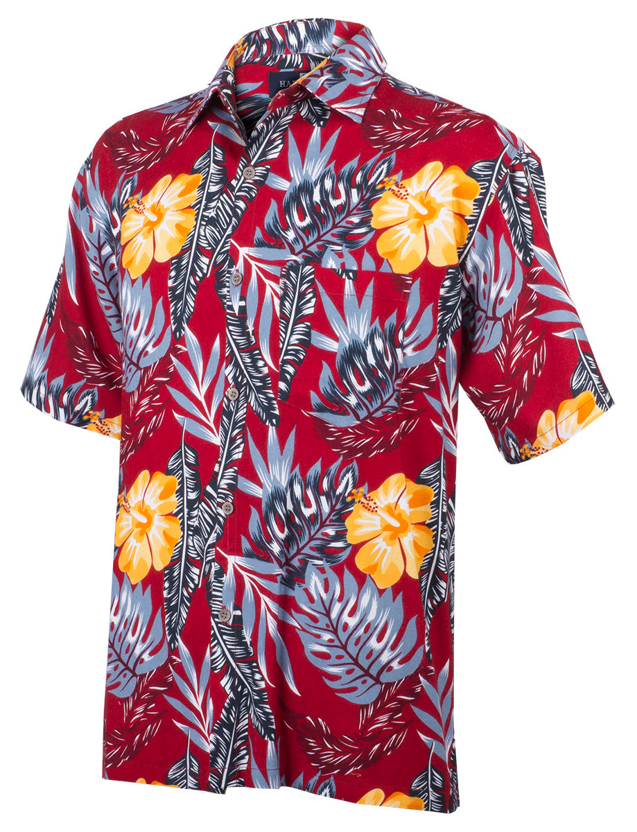 Tropical_KEONI_Floral_HIBISKUS_Palmenblaetter_Kurzarm_Shirt_HAWAIIHEMD_Rot-2