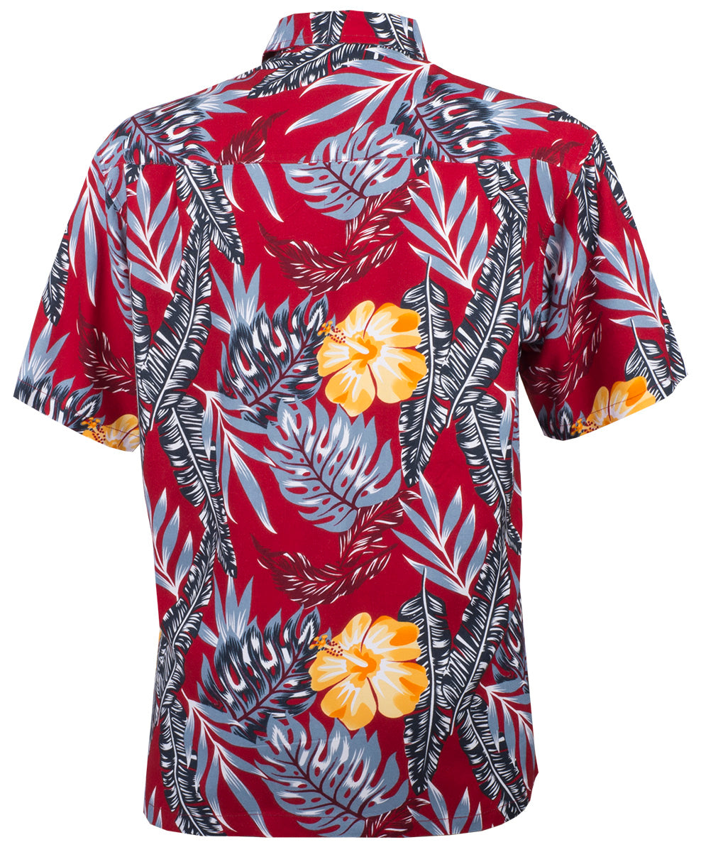 Tropical_KEONI_Floral_HIBISKUS_Palmenblaetter_Kurzarm_Shirt_HAWAIIHEMD_Rot-3