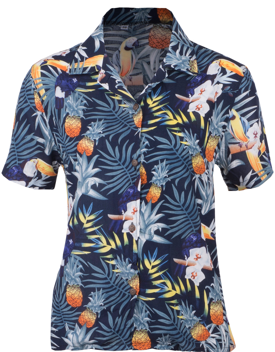 Tropical_MALIE_Ananas_TOUCAN_Pineapple_Kurzarm_Oberteil_HAWAII_BLUSE_Blau-1