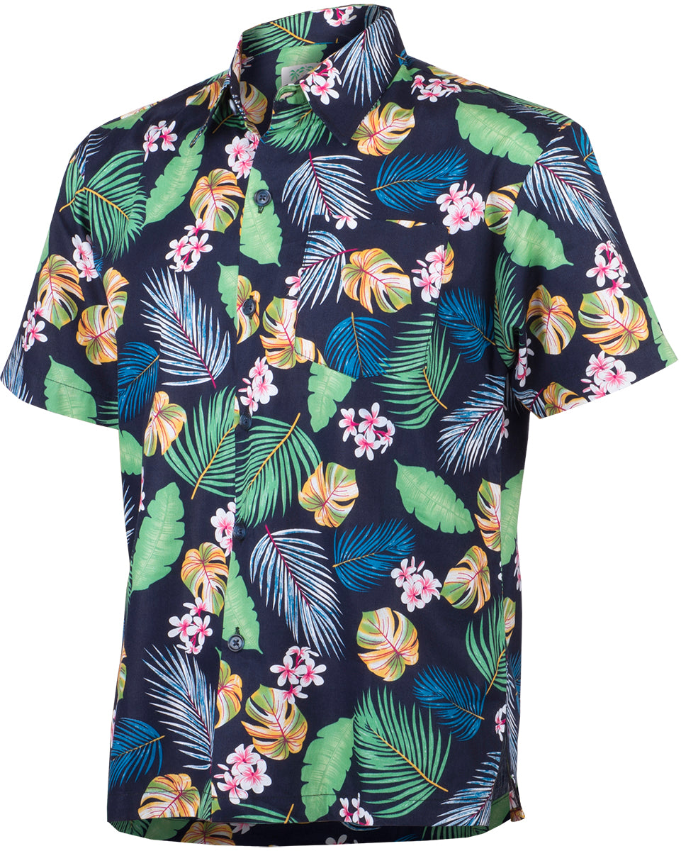 Tropical_TARRO_Frangipani_Palmenblaetter_Kurzarm_Shirt_HAWAIIHEMD_Blau-2