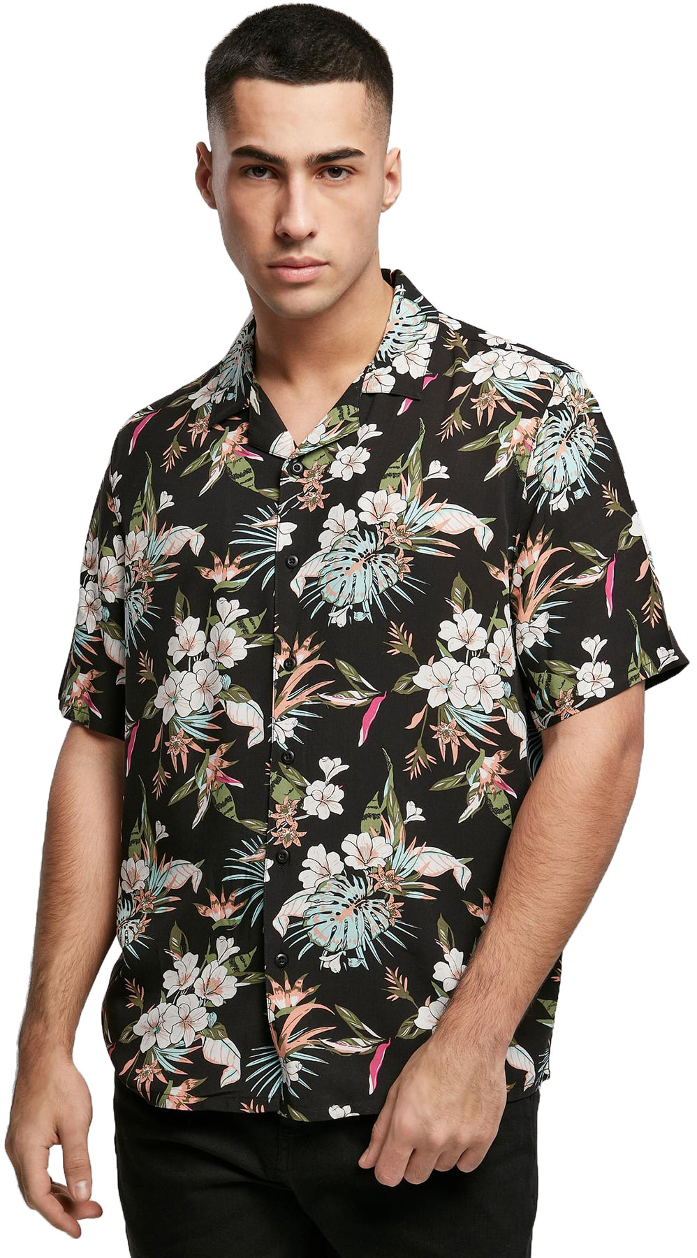 Urban_Classics_RESORT_SHIRT_Tropical_FLORAL_Retro_Kurzarm_HAWAII_HEMD_-_Schwarz_Killer_Kirsche-1