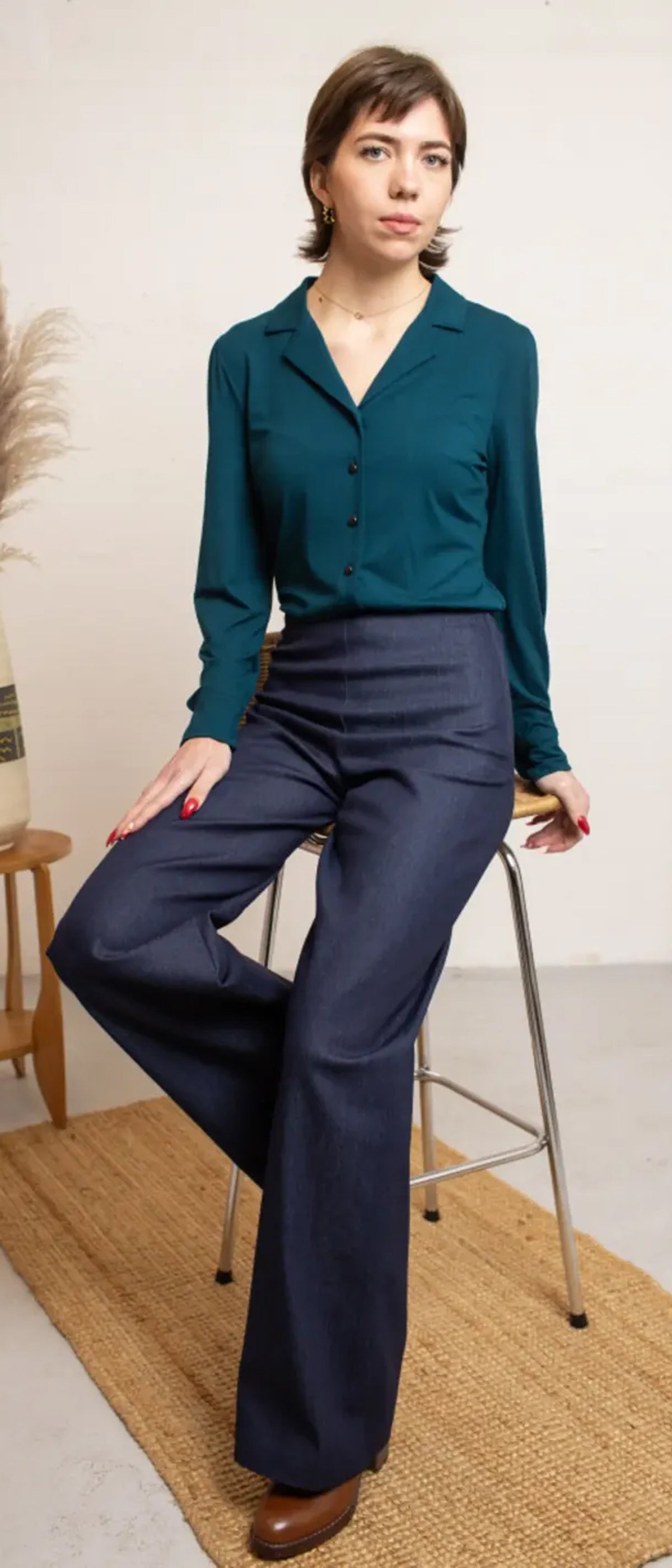 Very_Cherry_DITA_VINTAGE_Tricot_Deluxe_Classic_Langarm_V-NECK_50s_BLUSE_Blouse_-_Petrol-5