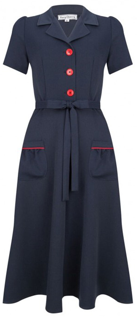 Very_Cherry_REVERS_Vintage_BUTTONED_Kurzarm_V-Neck_DRESS_Kleid_Navy-1