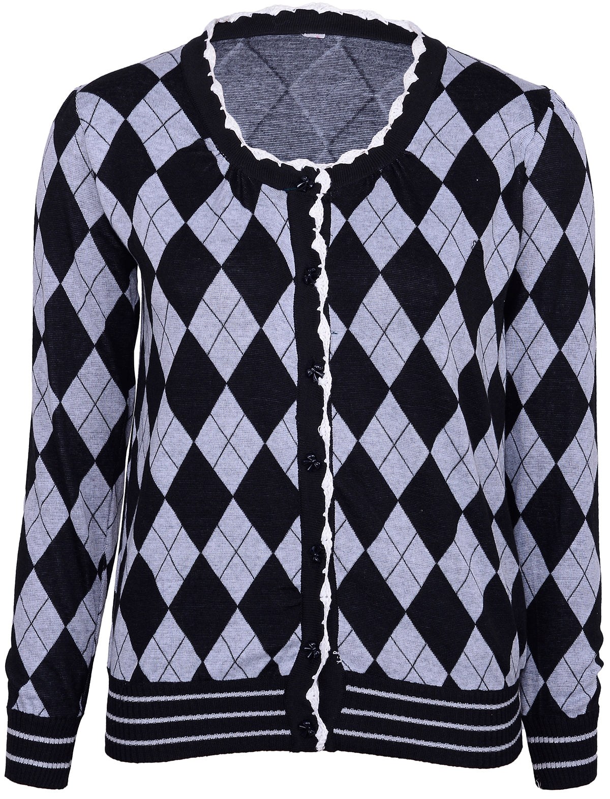 Vintage_ARGYLE_Karo_CARDIGAN_mit_Schleifen_Knoepfen_grau