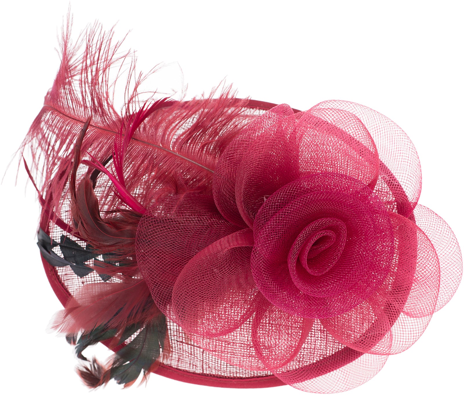 Vintage_YESSENIA_Rose_FEATHER_50s_PILLBOX_Huetchen_Fascinator_-_HAARREIF_-_Weinrot_killer_kirsche
