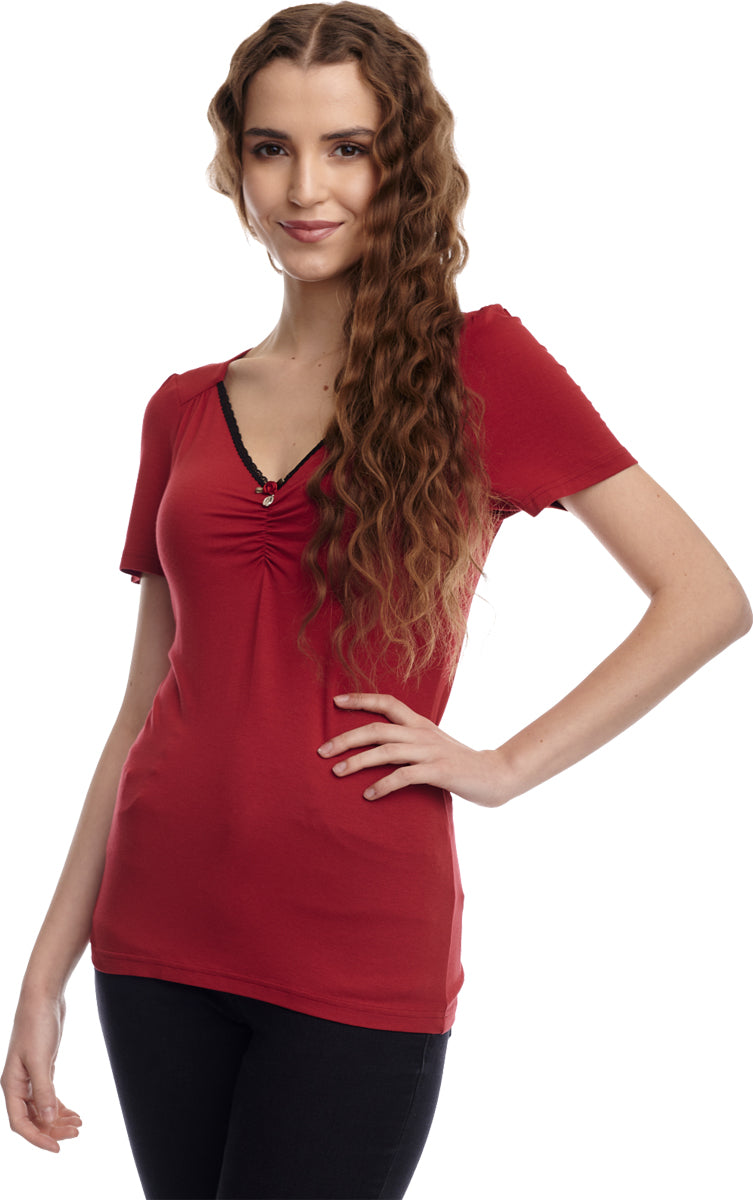 Vive_Maria_LILLY_Vintage_LACE_TRIM_V-Neck_PLAIN_Kurzarm_Oberteil_SHIRT_Rot_killer_kirsche_3
