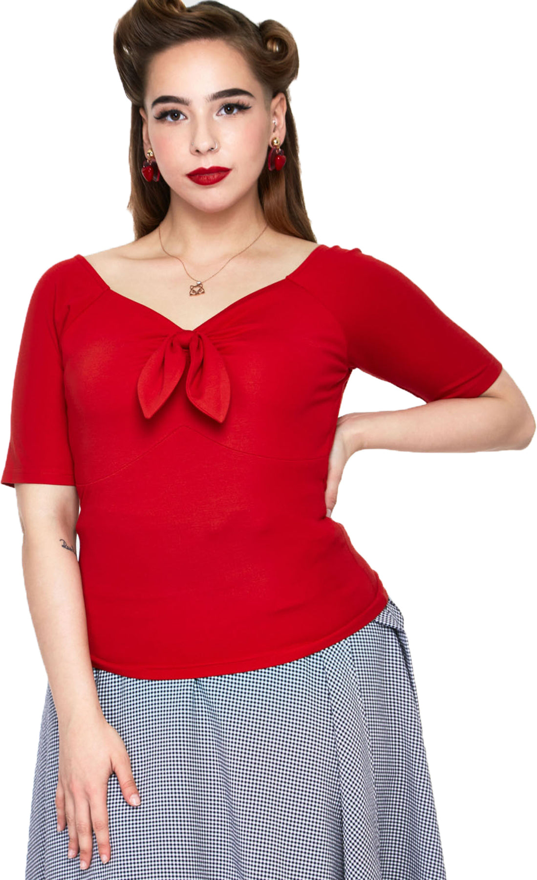 Voodoo_Vixen_ANIKA_Vintage_TIE_BOW_Halbarm_V-NECK_SHIRT_Oberteil_Rot-1