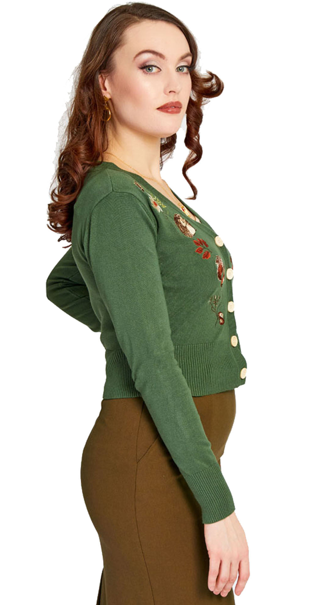 Voodoo_Vixen_AUTUMN_WOODLAND_Knit_50s_Eichhoernchen_V-Ausschnitt_CARDIGAN_Strickjacke_-_Dunkelgruen-2