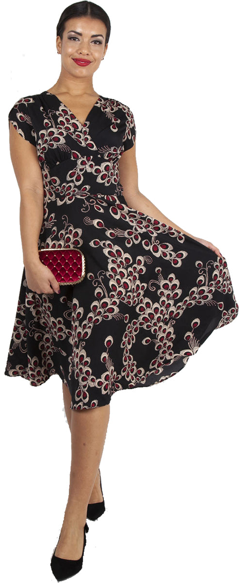 Voodoo_Vixen_BETH_Vintage_PEACOCK_V-Neck_Kurzarm_SWING_KLEID_Dress-2