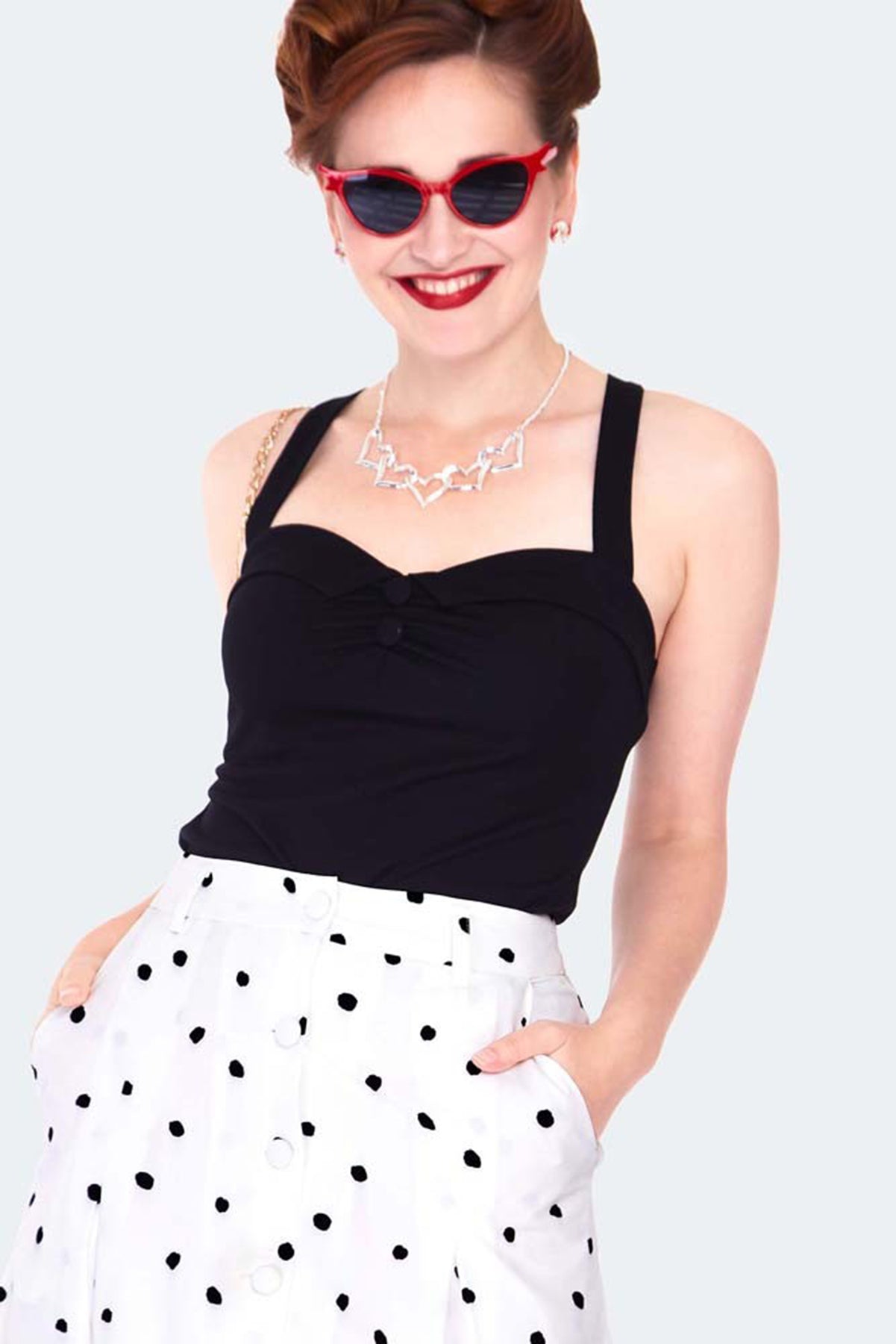 Voodoo_Vixen_Black_and_white_polka_dot_button_front_midi_skirt_SWING_SKIRT_Rock_killer_kirsche_4