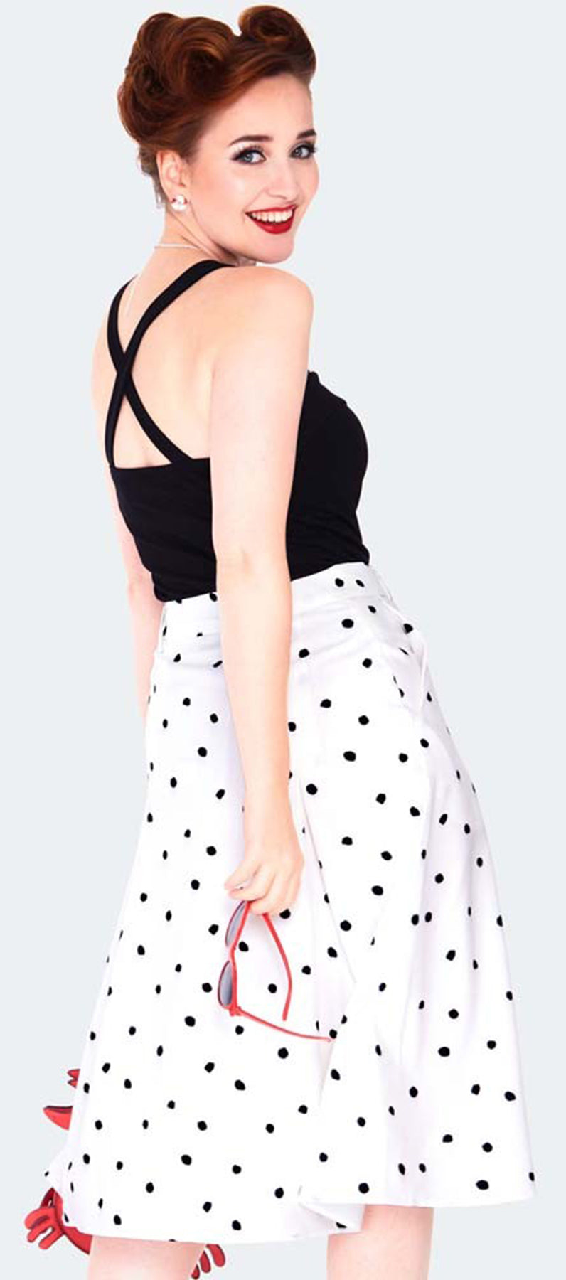 Voodoo_Vixen_Black_and_white_polka_dot_button_front_midi_skirt_SWING_SKIRT_Rock_killer_kirsche_5