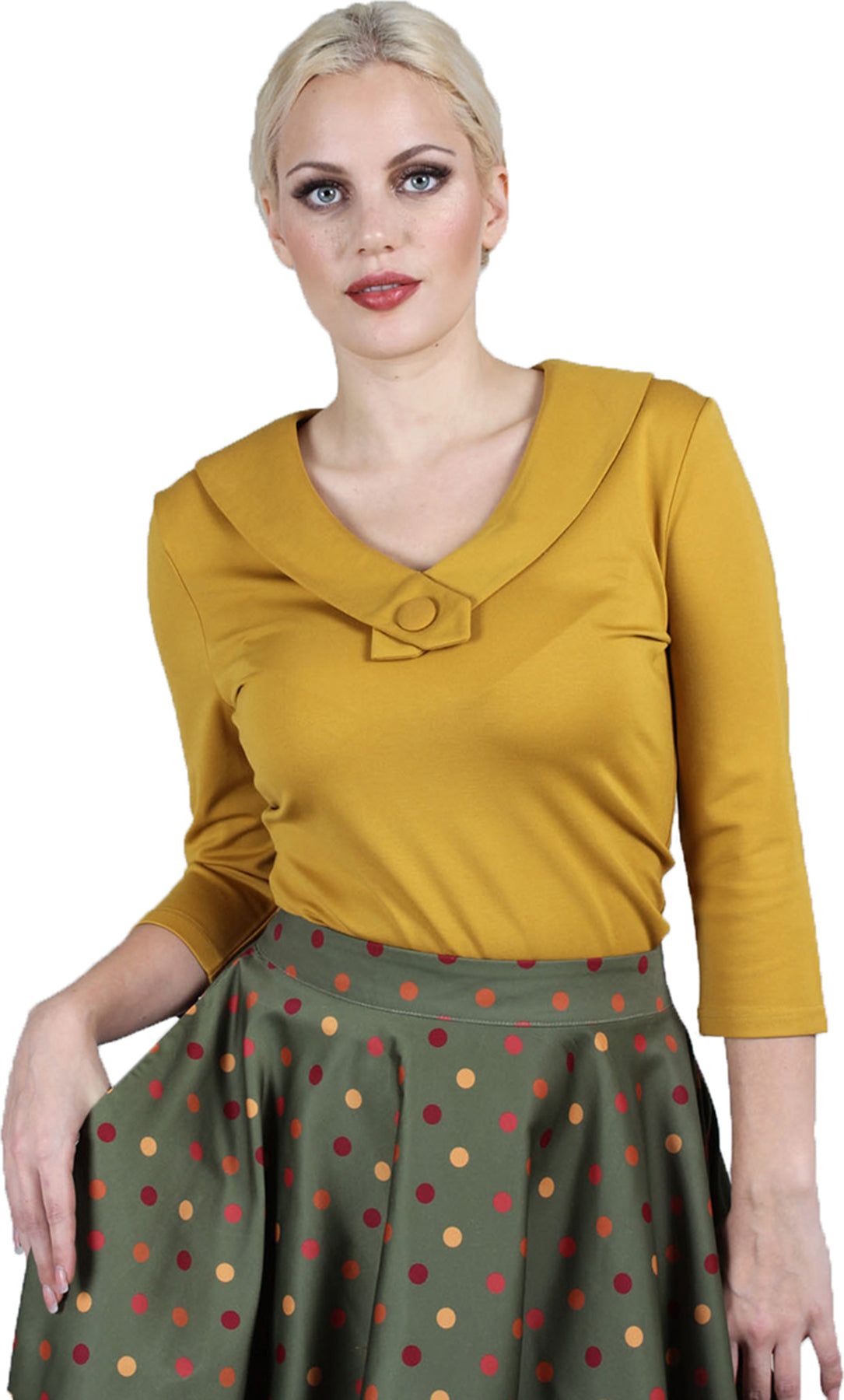 Voodoo_Vixen_CANIYA_Vintage_V-NECK_Collar_Retro_Dreiviertelarm_SHIRT_Oberteil_Gelb_killer_kirsche