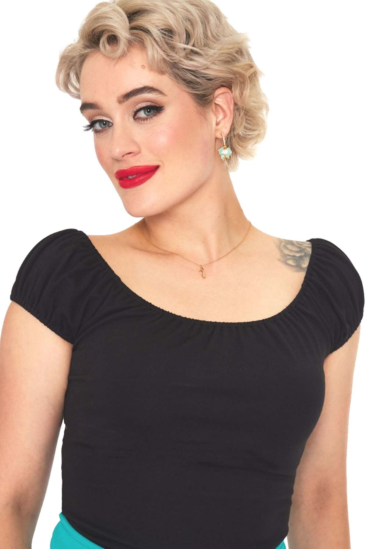 Voodoo_Vixen_CARMEN_CLASSIC_Vintage_Kurzarm_RETRO_Gathered_Neckline_Oberteil_SHIRT_-_Schwarz-3