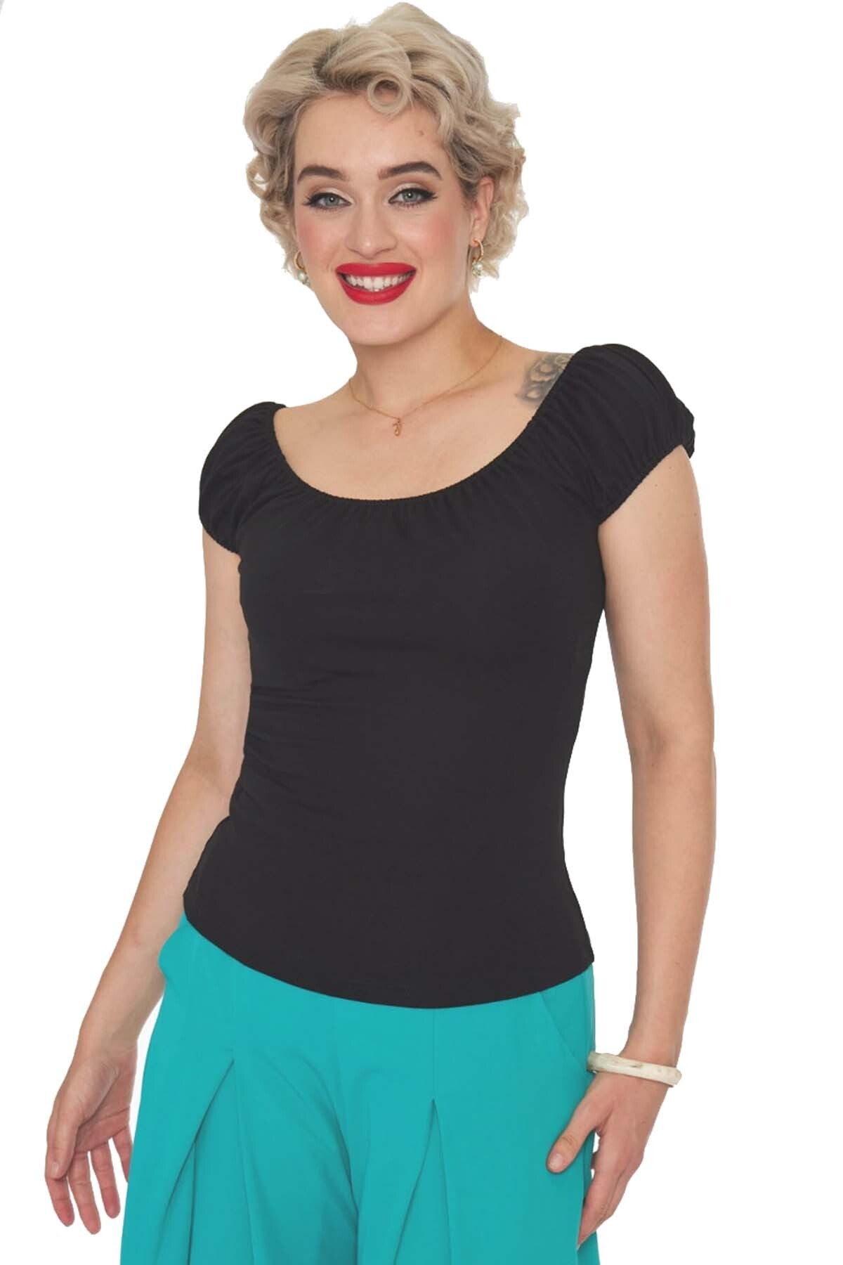 Voodoo_Vixen_CARMEN_CLASSIC_Vintage_Kurzarm_RETRO_Gathered_Neckline_Oberteil_SHIRT_-_Schwarz-4