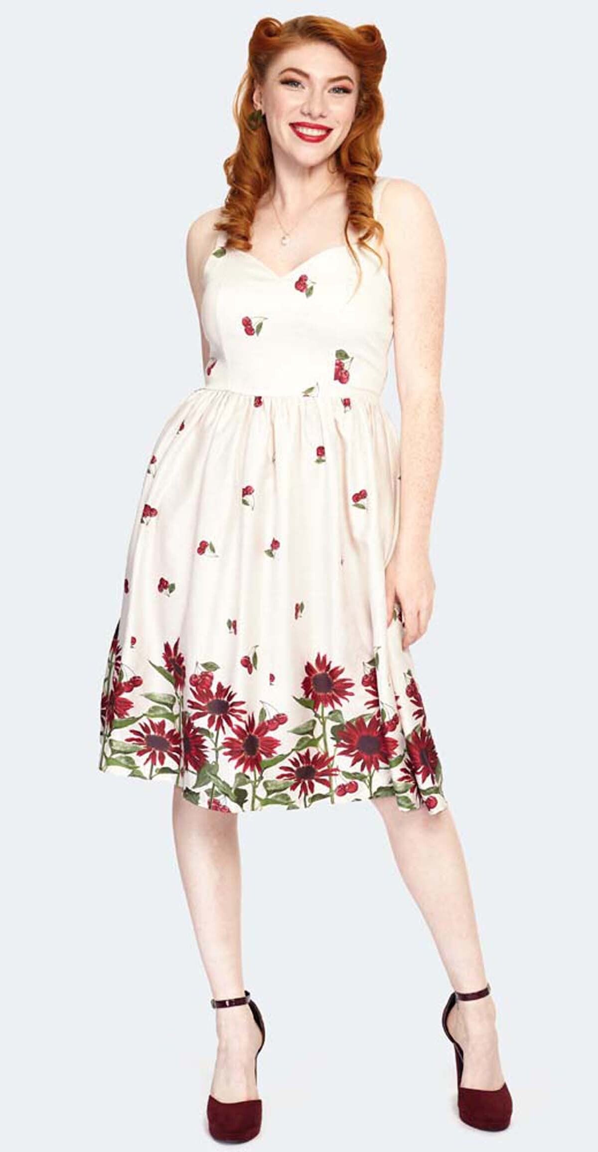 Voodoo_Vixen_CHERRY_SUNFLOWER_Vintage_Kirschen_Floral_Traeger_50s_SWING_DRESS_Kleid_-_Cream-1