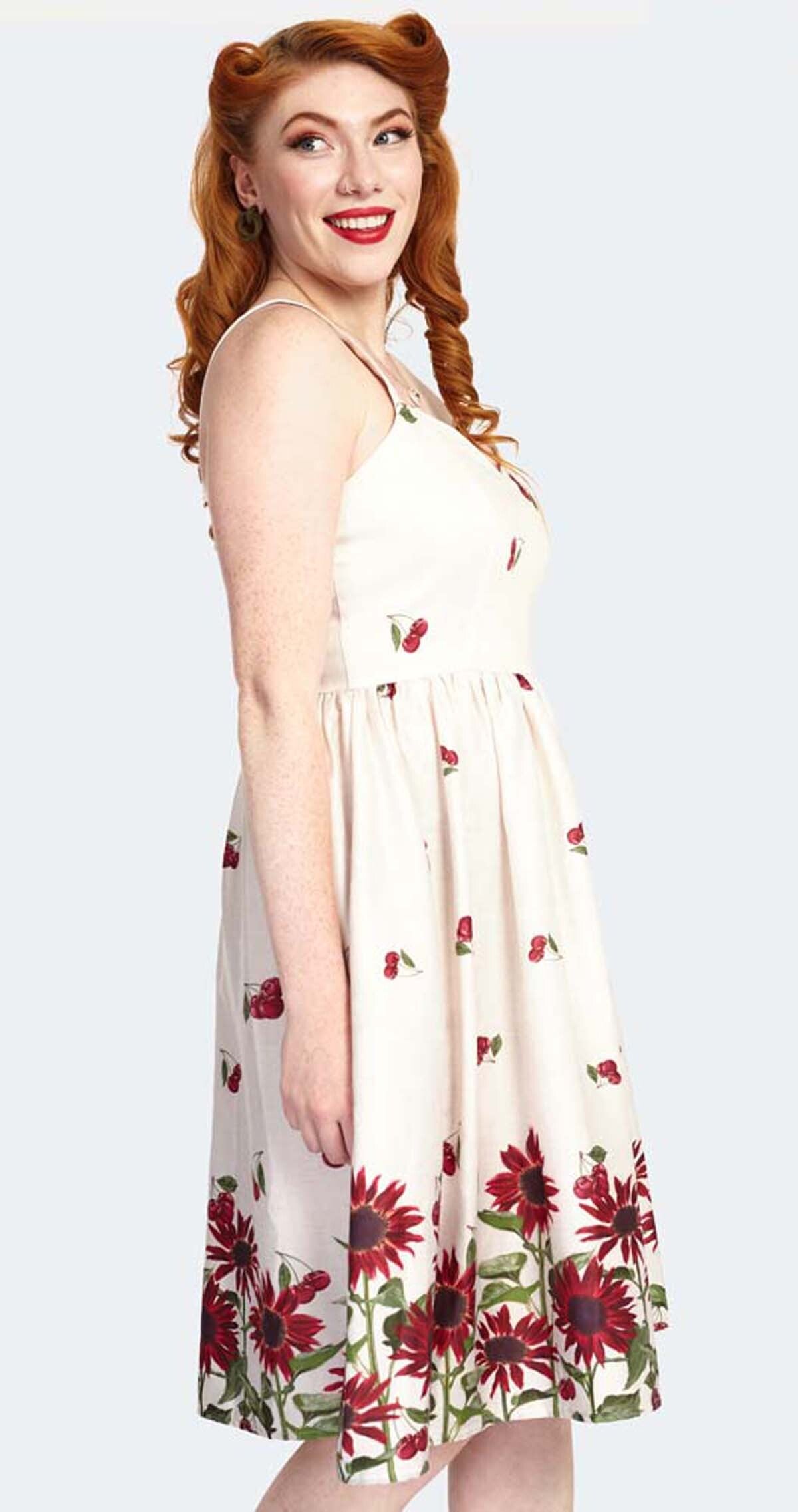 Voodoo_Vixen_CHERRY_SUNFLOWER_Vintage_Kirschen_Floral_Traeger_50s_SWING_DRESS_Kleid_-_Cream-2