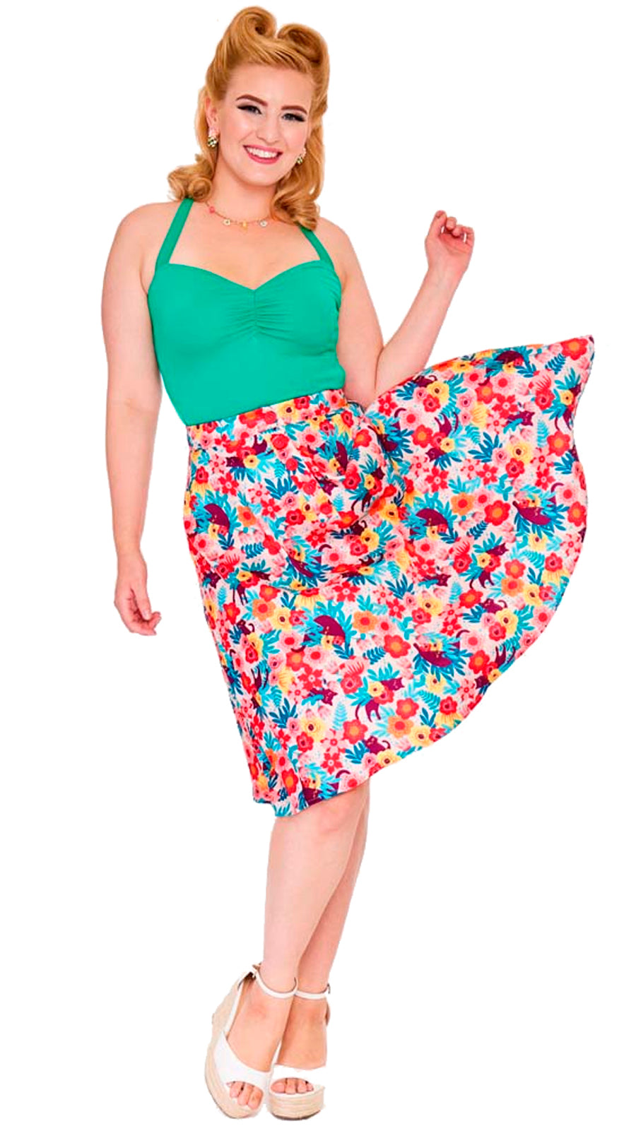 Voodoo_Vixen_FLORAL_CAT_Blueten_Vintage_Katzen_Retro_A-LINIE_ROCK_Skirt-1