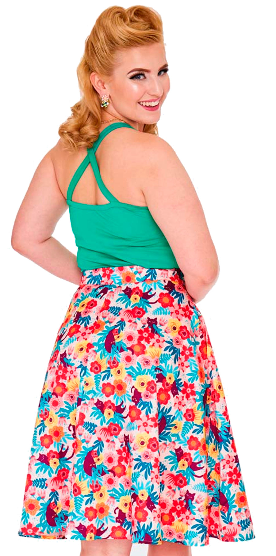 Voodoo_Vixen_FLORAL_CAT_Blueten_Vintage_Katzen_Retro_A-LINIE_ROCK_Skirt-5