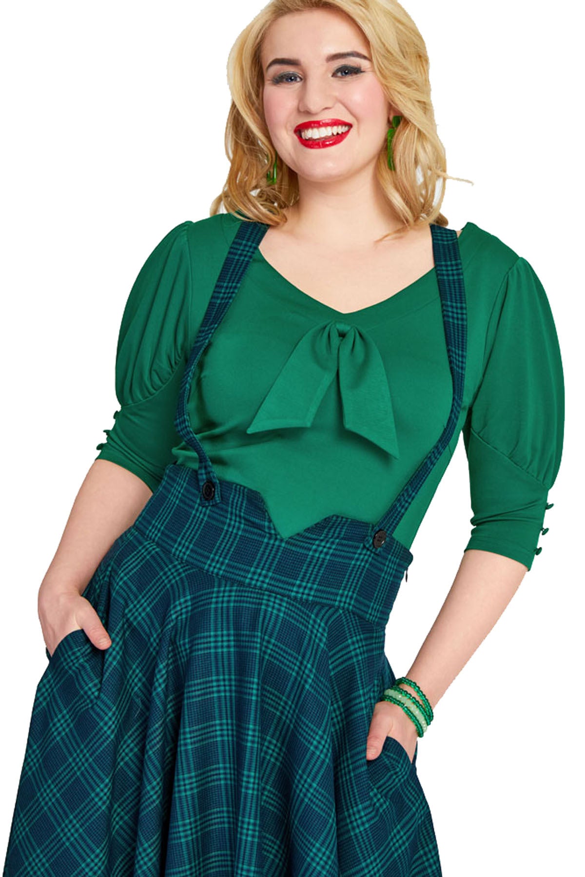 Voodoo_Vixen_GREEN_CHECKED_Vintage_Suspender_TARTAN_High_Waist_SWING_SKIRT_Tellerrock_-_Gruen-5