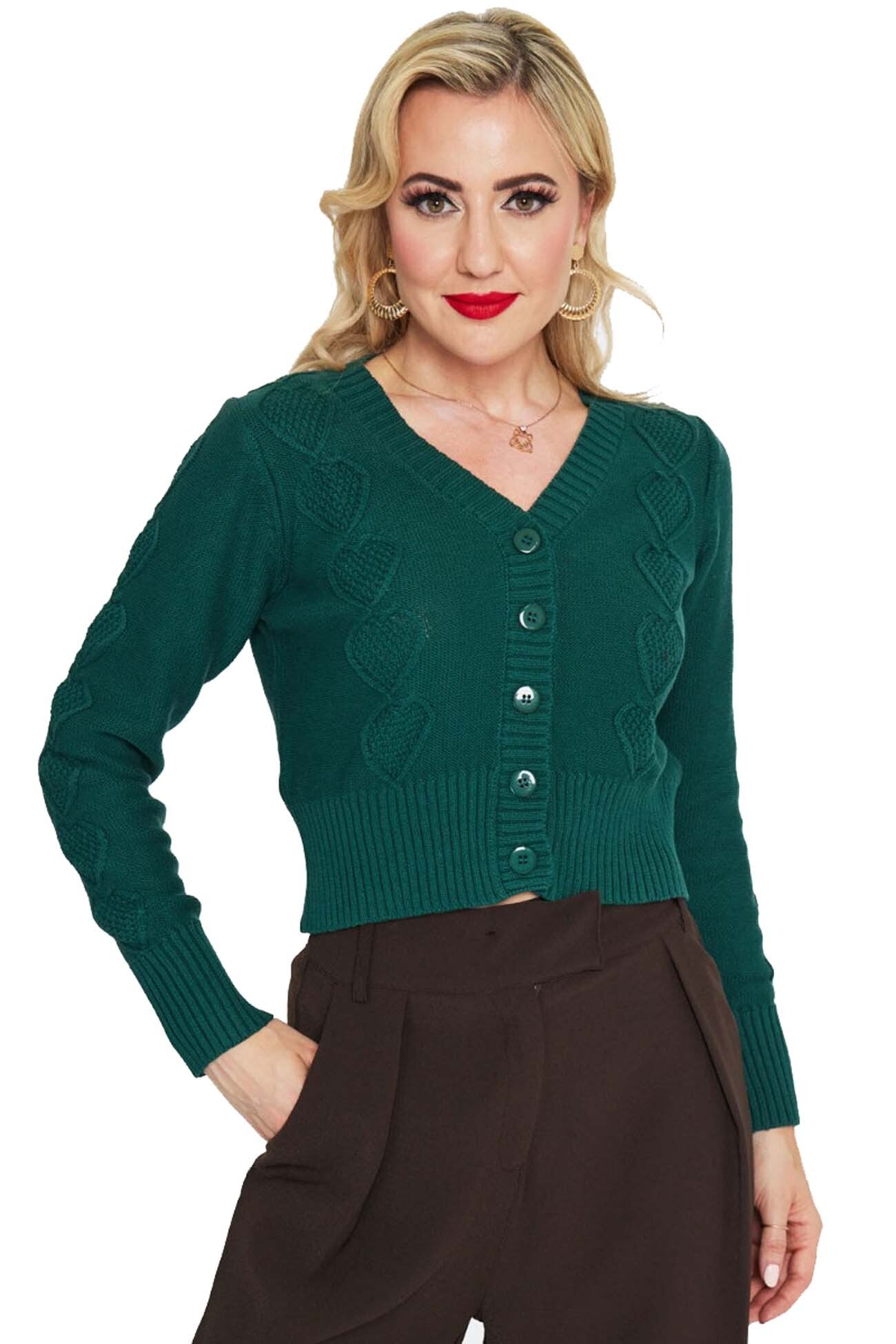 Voodoo_Vixen_GREEN_HEART_V-Neck_Zopfmuster_Vintage_CARDIGAN_Stickjacke_-_Dunkelgruen-1