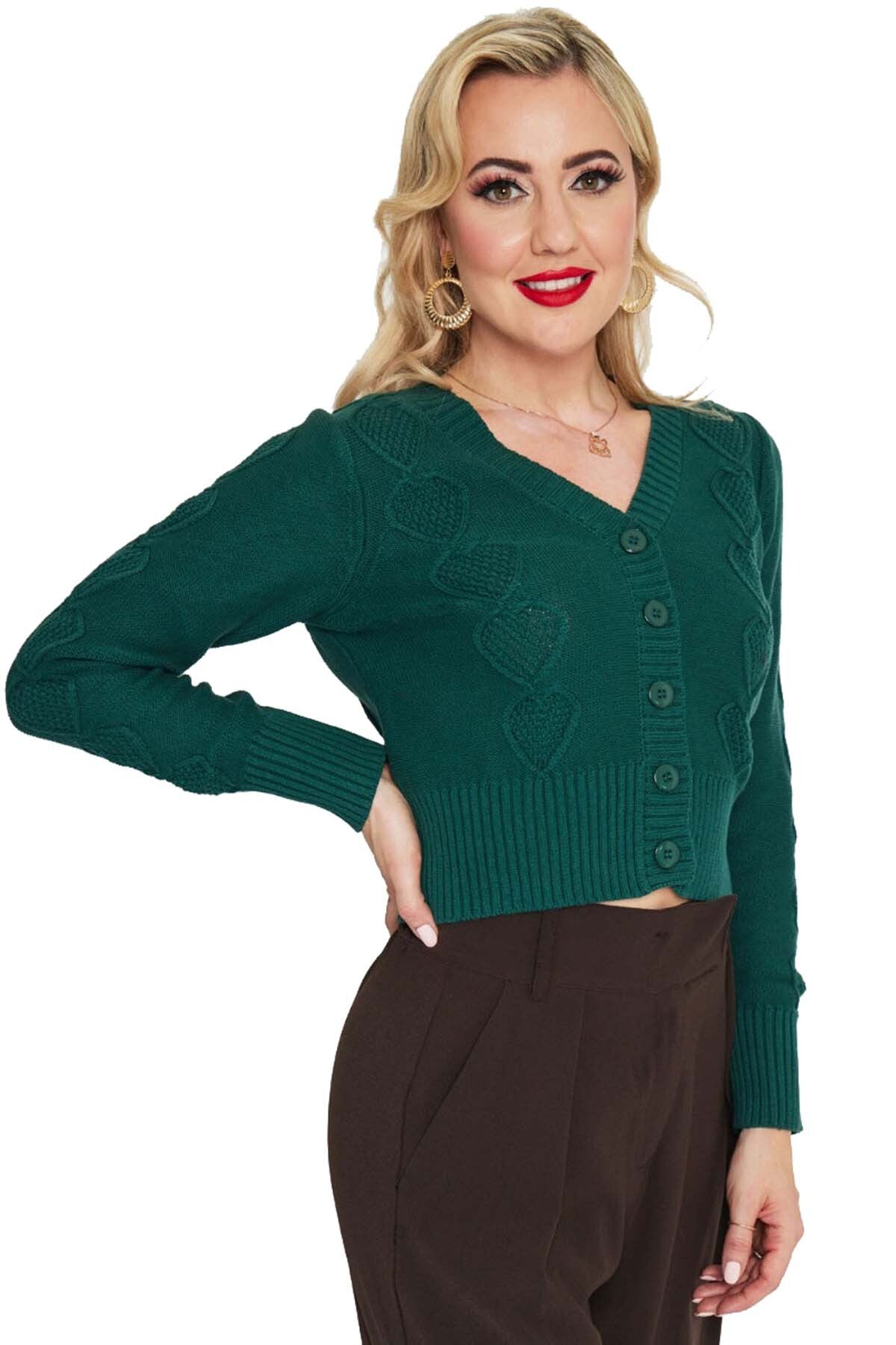 Voodoo_Vixen_GREEN_HEART_V-Neck_Zopfmuster_Vintage_CARDIGAN_Stickjacke_-_Dunkelgruen-2