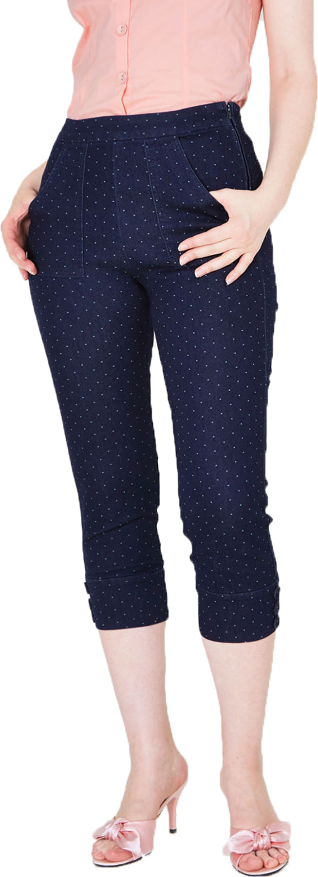 Voodoo_Vixen_HAILEY_Polka_Dot_Punkte_HIGH_WAIST_50s_Denim_CAPRI_JEANS_Hose_Killer_Kirsche-1