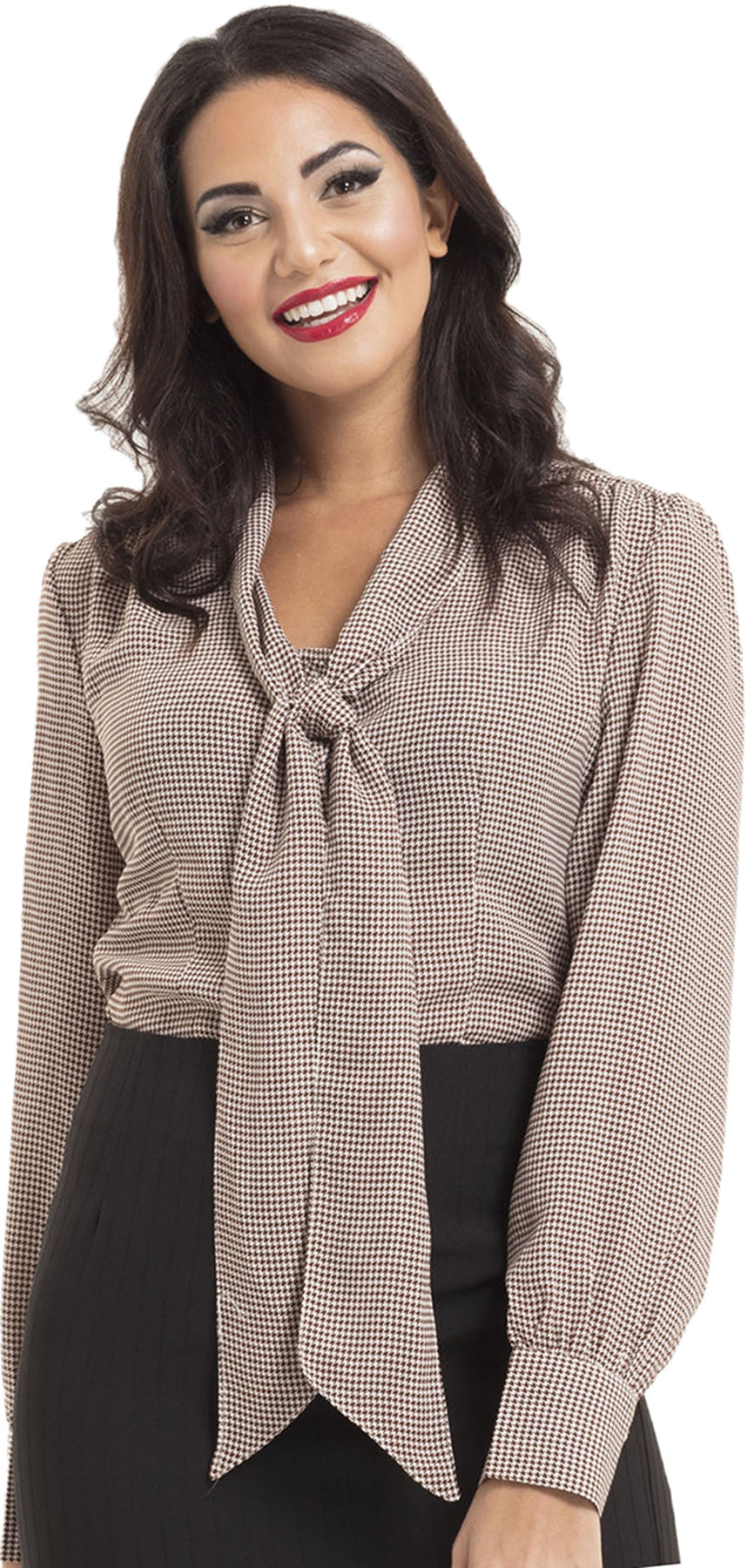 Voodoo_Vixen_MADELINE_40s_Houndstooth_HAHNENTRITT_Schluppenbluse_BLOUSE_killer_kirsche