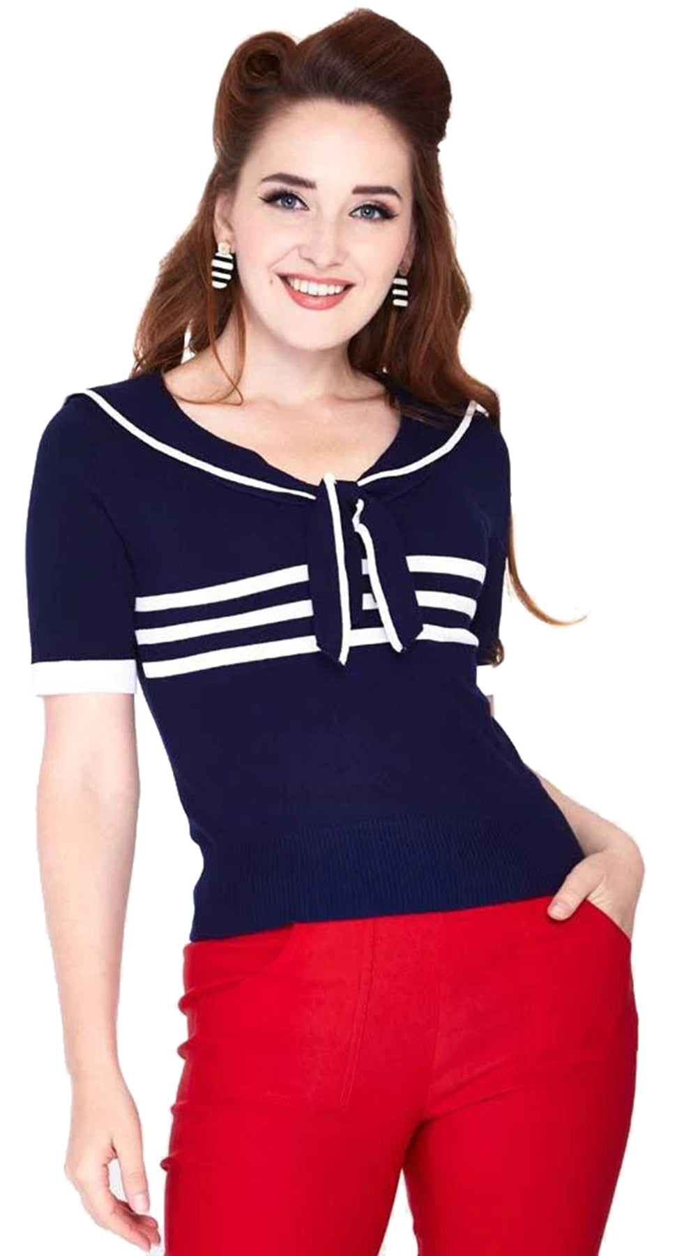 Voodoo_Vixen_NAUTICAL_TRI-STRIPE_Feinstrick_BOW_Retro_Matrosen_SHIRT_Oberteil_-_Navy_koller_kirsche_19NwonetEZr1PH