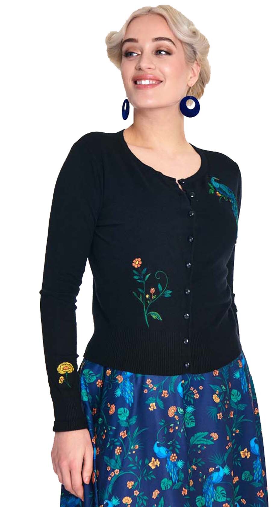 Voodoo_Vixen_PEACOCK_FLORAL_50s_Pfau_Blueten_Vintage_50s_Strickjacke_CARDIGAN__Schwarz-1