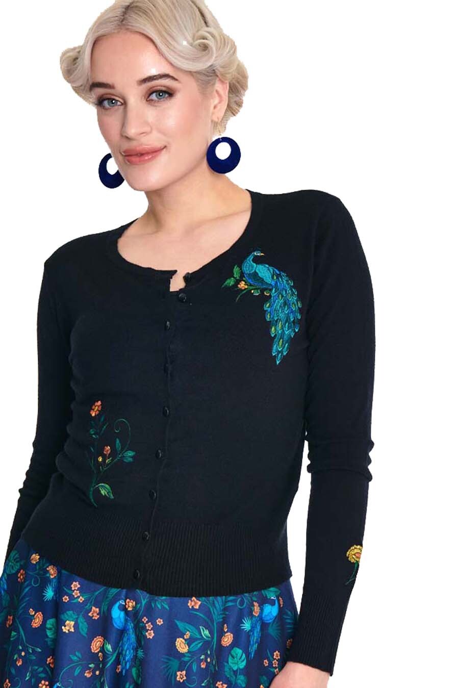 Voodoo_Vixen_PEACOCK_FLORAL_50s_Pfau_Blueten_Vintage_50s_Strickjacke_CARDIGAN__Schwarz-3