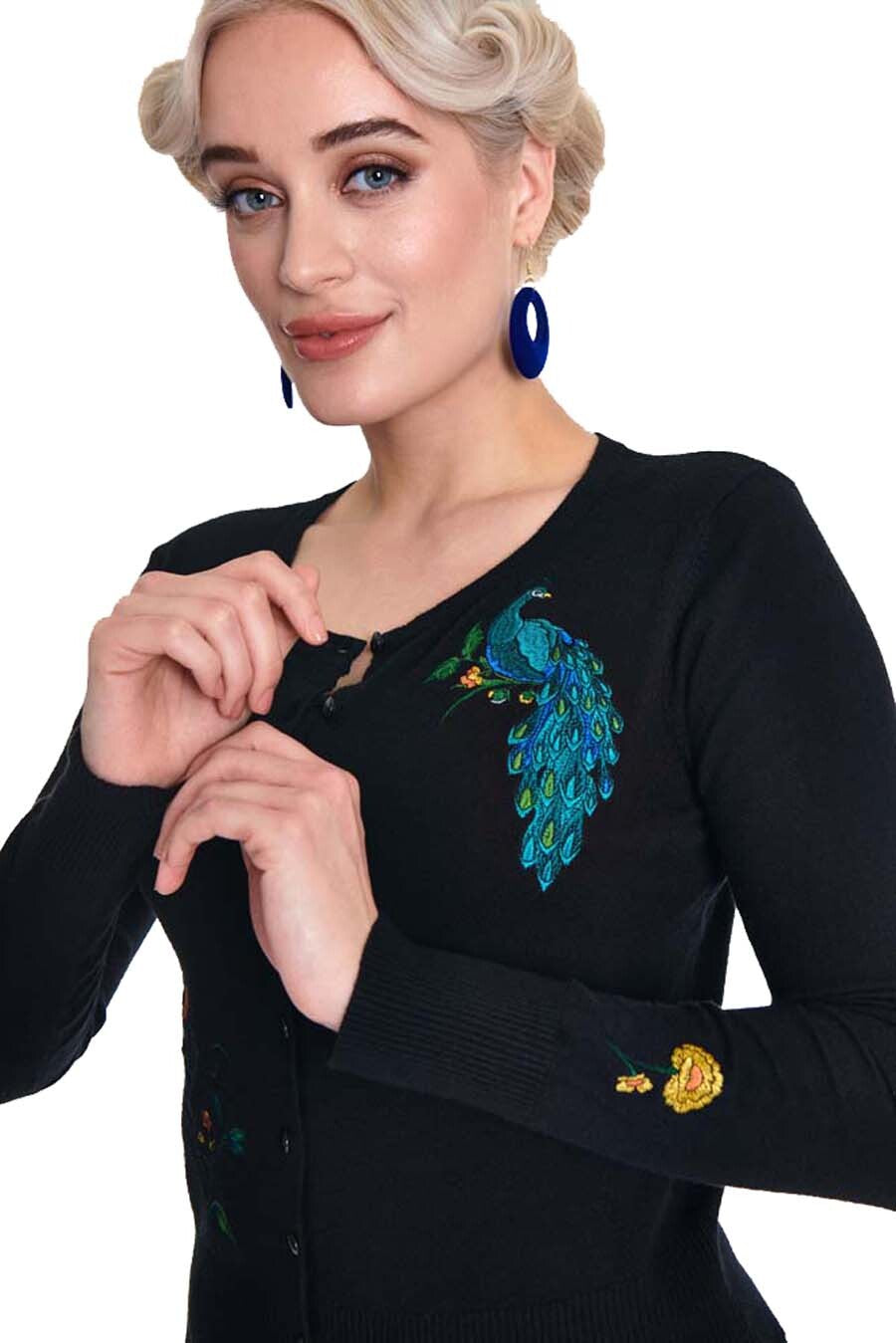 Voodoo_Vixen_PEACOCK_FLORAL_50s_Pfau_Blueten_Vintage_50s_Strickjacke_CARDIGAN__Schwarz-4