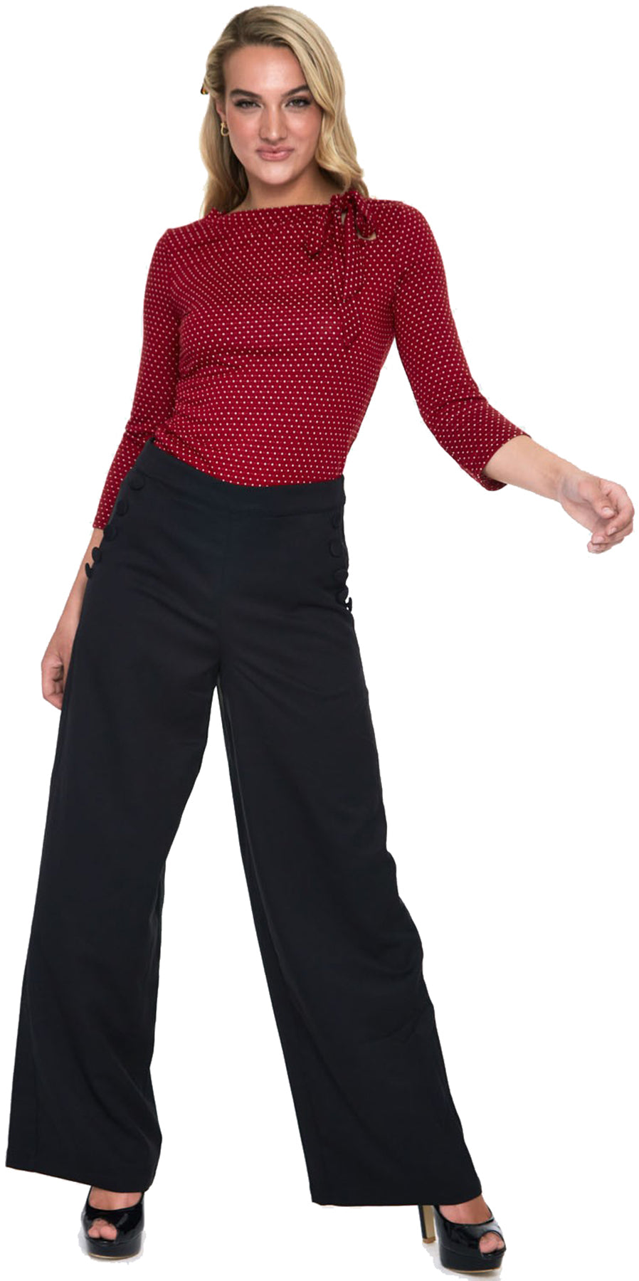 Voodoo_Vixen_POSIE_Vintage_POLKA_DOT_Neck_Tie_dreiviertel_Arm_SHIRT_Oberteil_Bordeaux_killer_kirsche_3